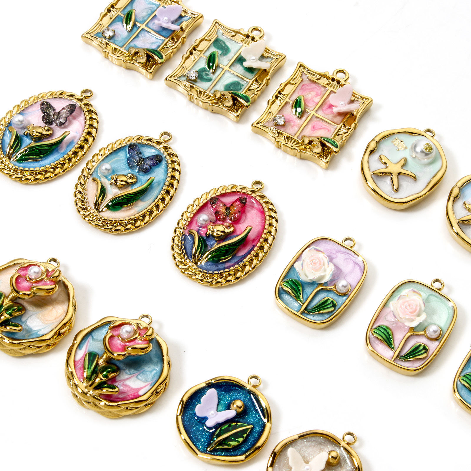 Imagen de 1 Unidad Recubrimiento al Vacío PVD Ecológico 304 Acero Inoxidable Estilo de Pintura al Óleo Colgantes Mariposa 18K Oro Real Chapado Multicolor Flor Esmalte