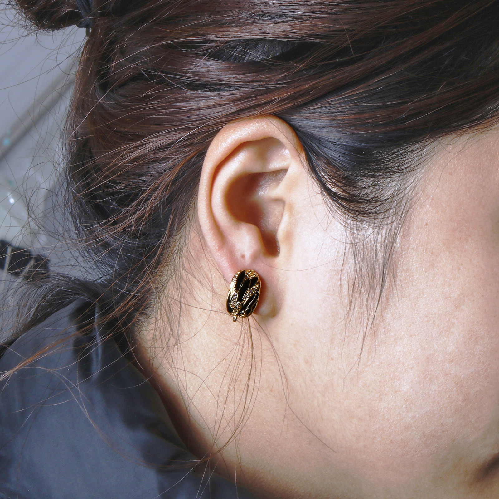 Picture of Brass Enamel Hoop Earrings Multicolor Black Clear Cubic Zirconia With Loop