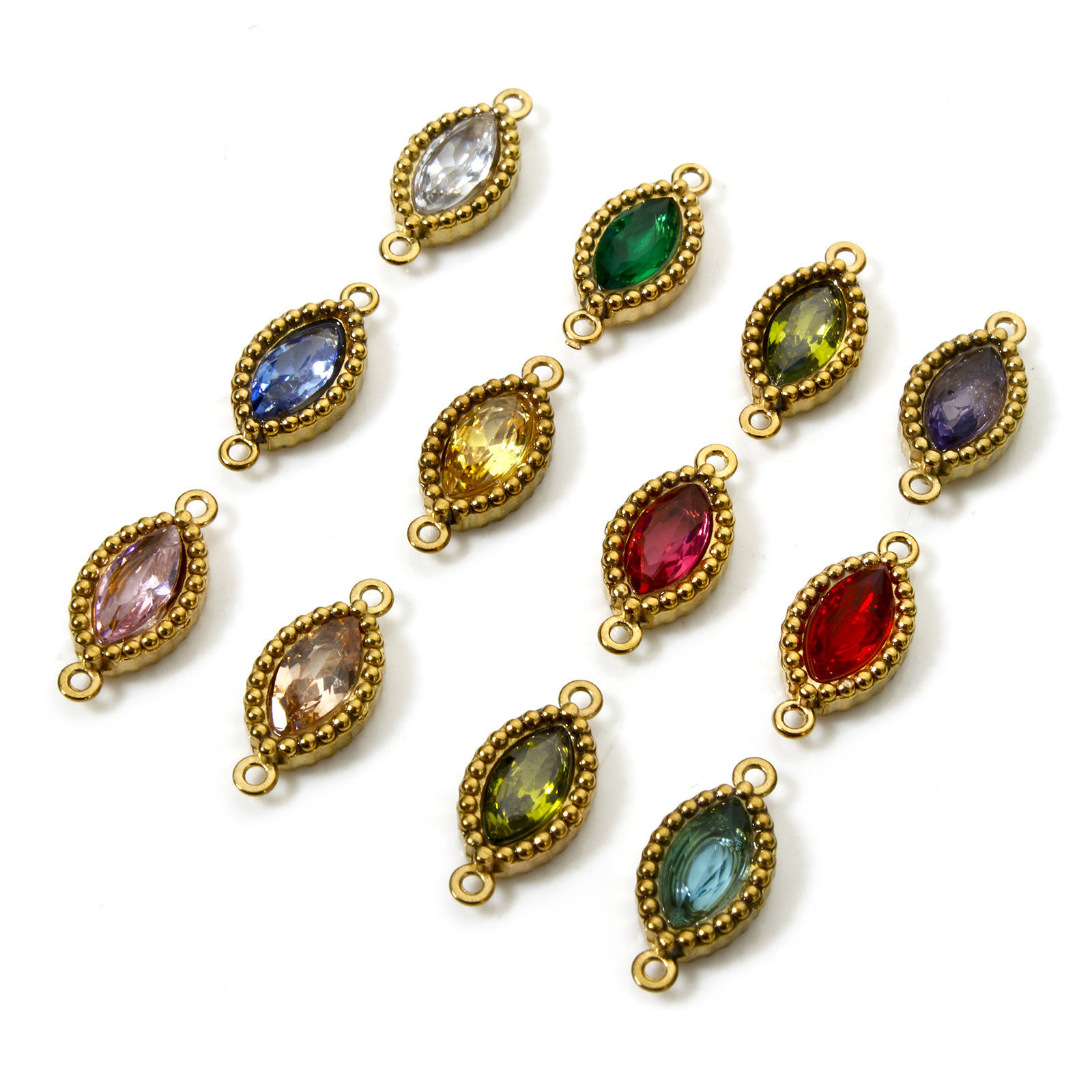 Immagine di 5 Pz Placcatura Sottovuoto PVD Ecologica 304 Acciaio Inossidabile Geometrico Pendenti Charms Connettori Olive Placcato Oro 18K Multicolore Strass 13mm x 6mm