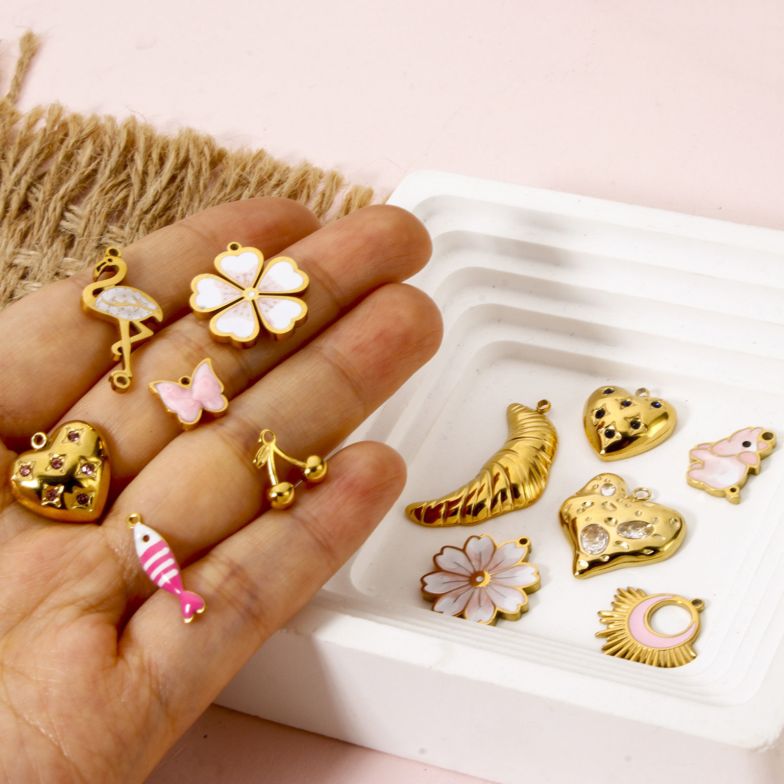 Picture of Eco-friendly PVD Vacuum Plating 304 Stainless Steel Charms 18K Real Gold Plated Bride & Groom Cherry Blossom Sakura Flower Enamel