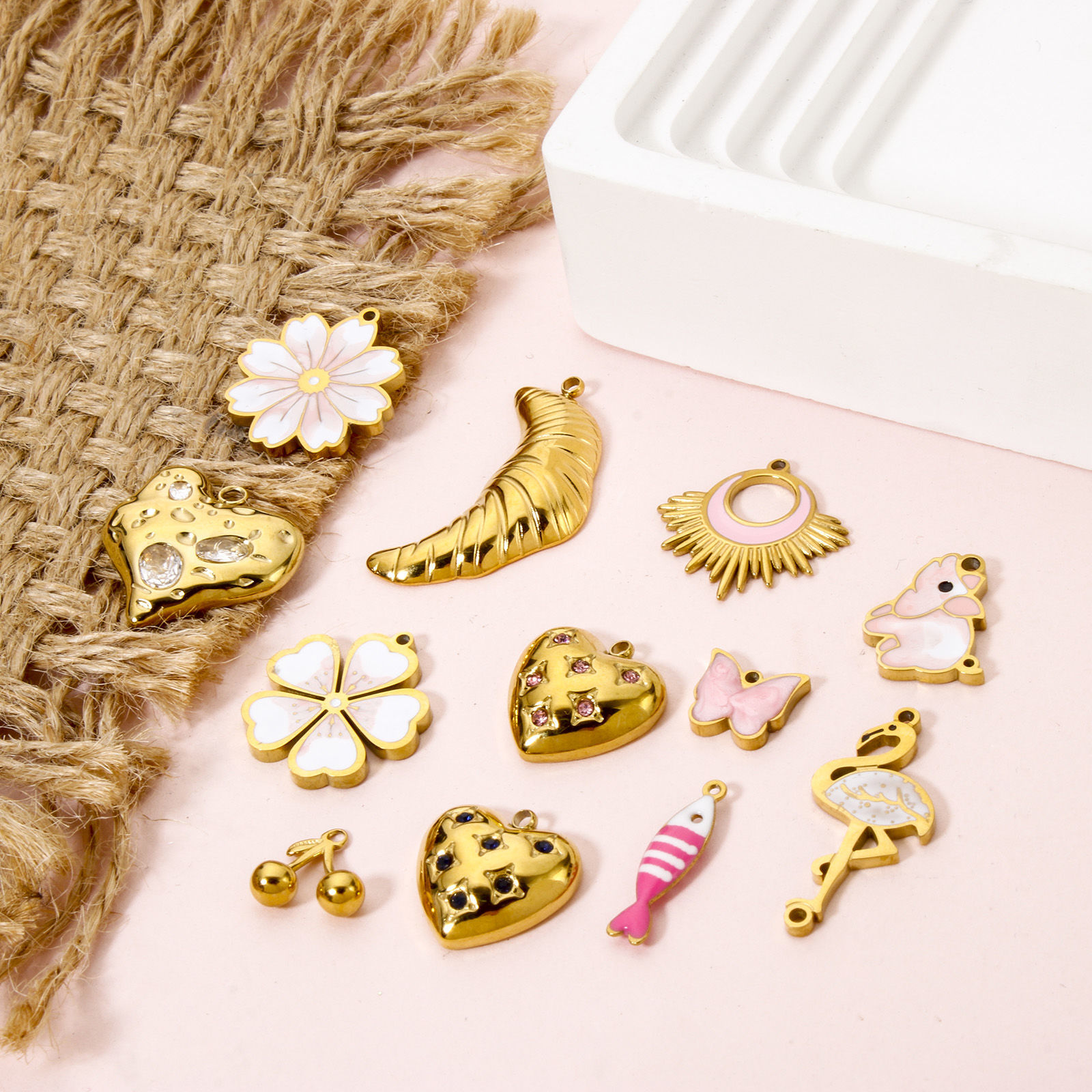 Picture of Eco-friendly PVD Vacuum Plating 304 Stainless Steel Charms 18K Real Gold Plated Bride & Groom Cherry Blossom Sakura Flower Enamel