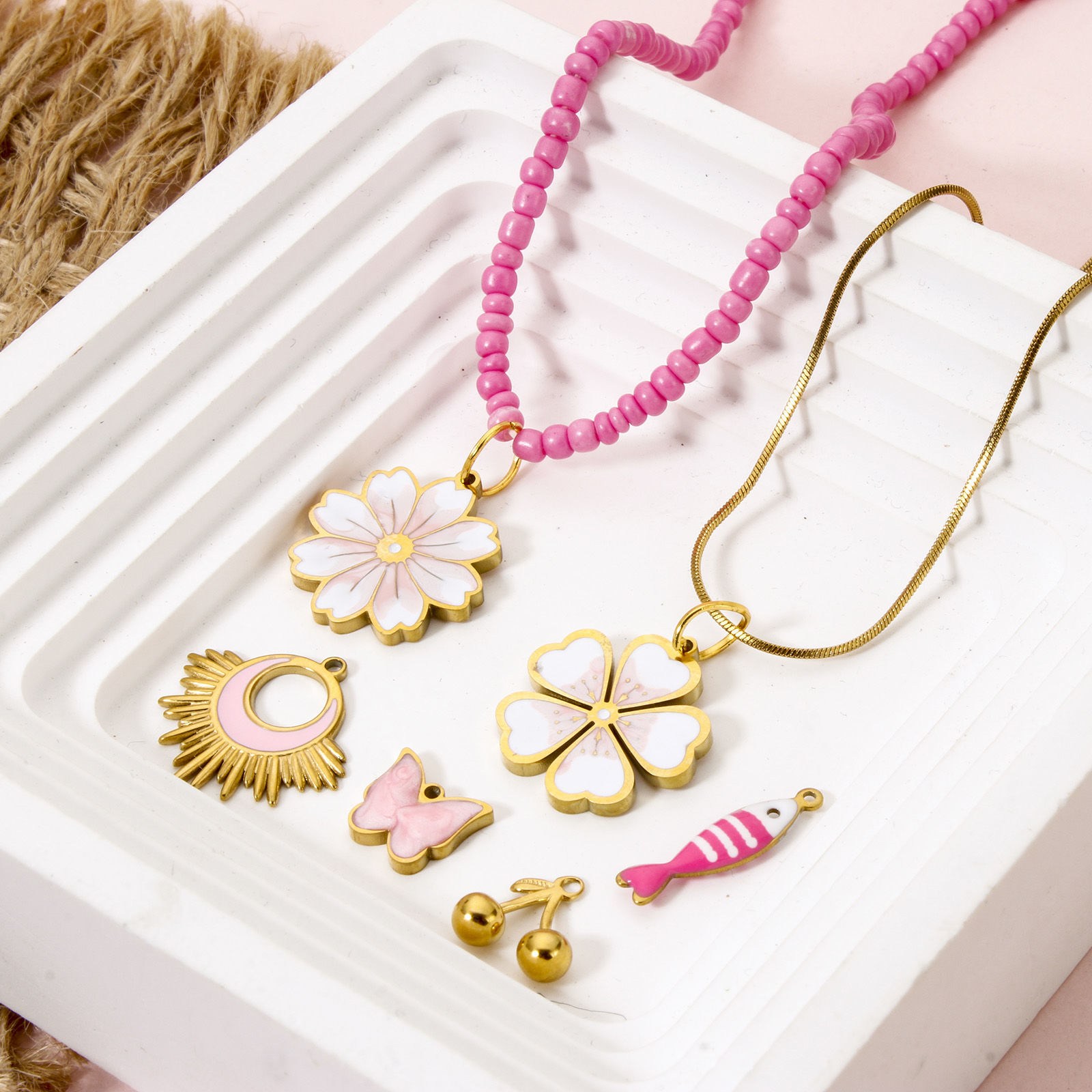 Picture of Eco-friendly PVD Vacuum Plating 304 Stainless Steel Charms 18K Real Gold Plated Bride & Groom Cherry Blossom Sakura Flower Enamel