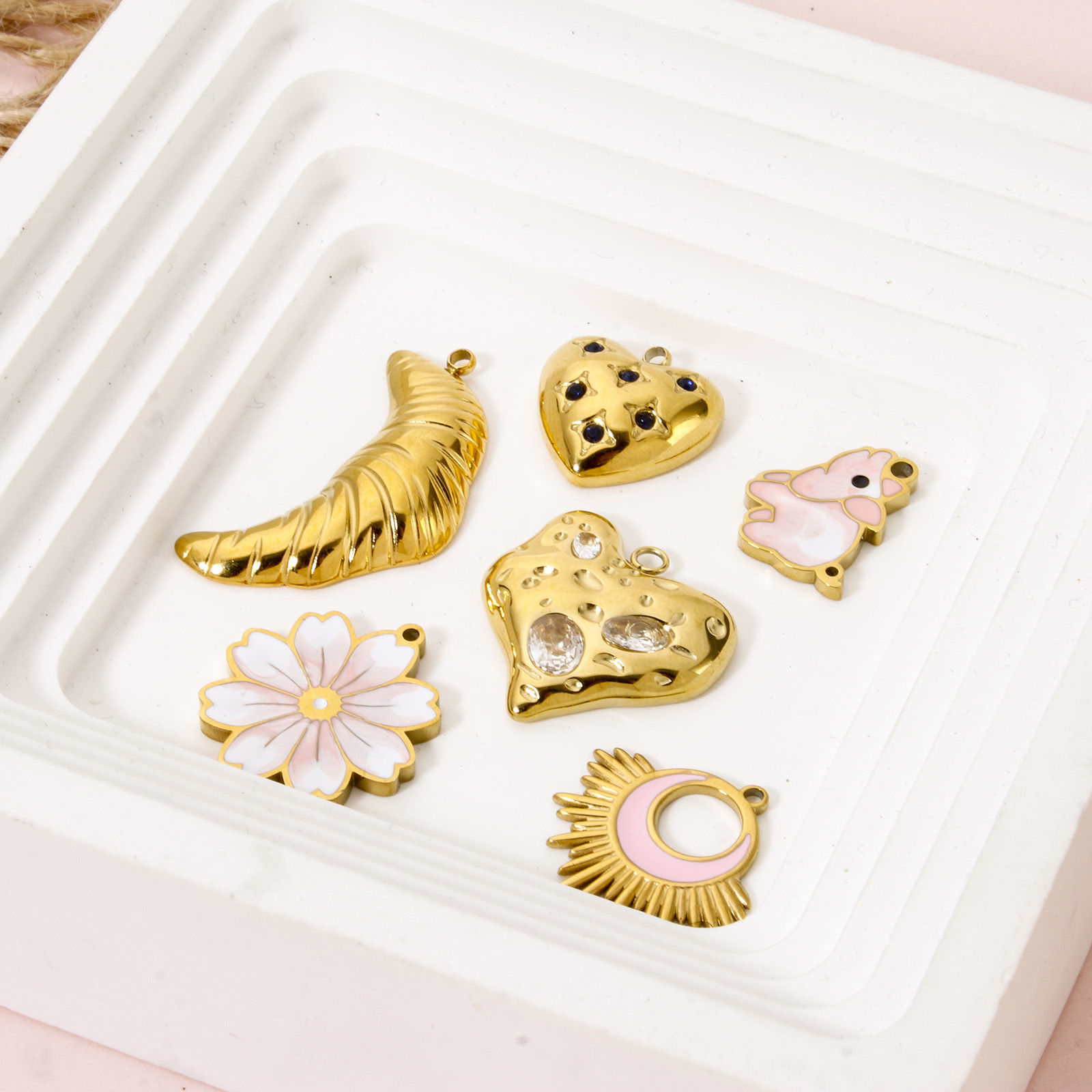 Picture of Eco-friendly PVD Vacuum Plating 304 Stainless Steel Charms 18K Real Gold Plated Bride & Groom Cherry Blossom Sakura Flower Enamel