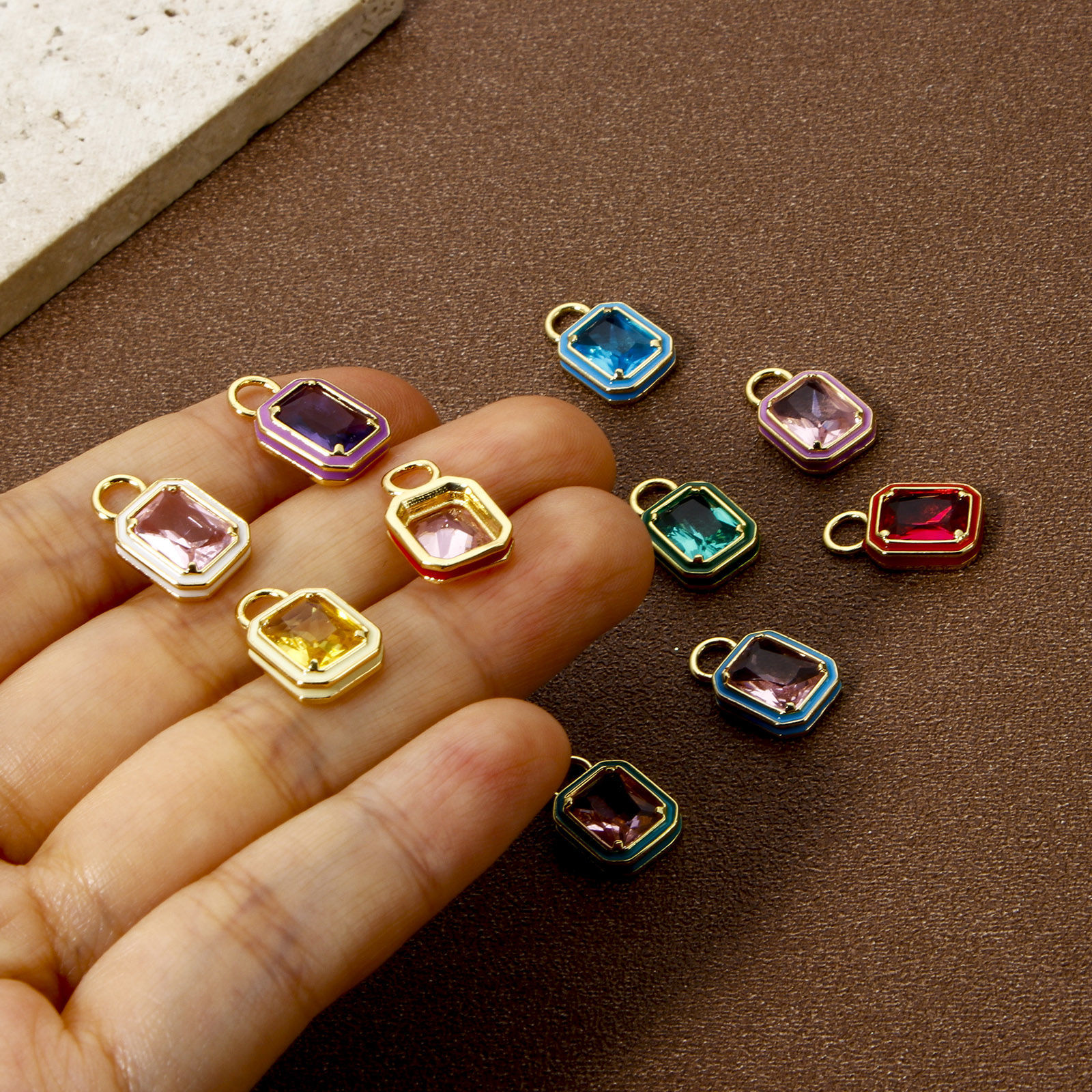 Picture of Eco-friendly Brass Charms 18K Real Gold Plated Octagon Enamel Multicolor Rhinestone 15.5mm x 9mm