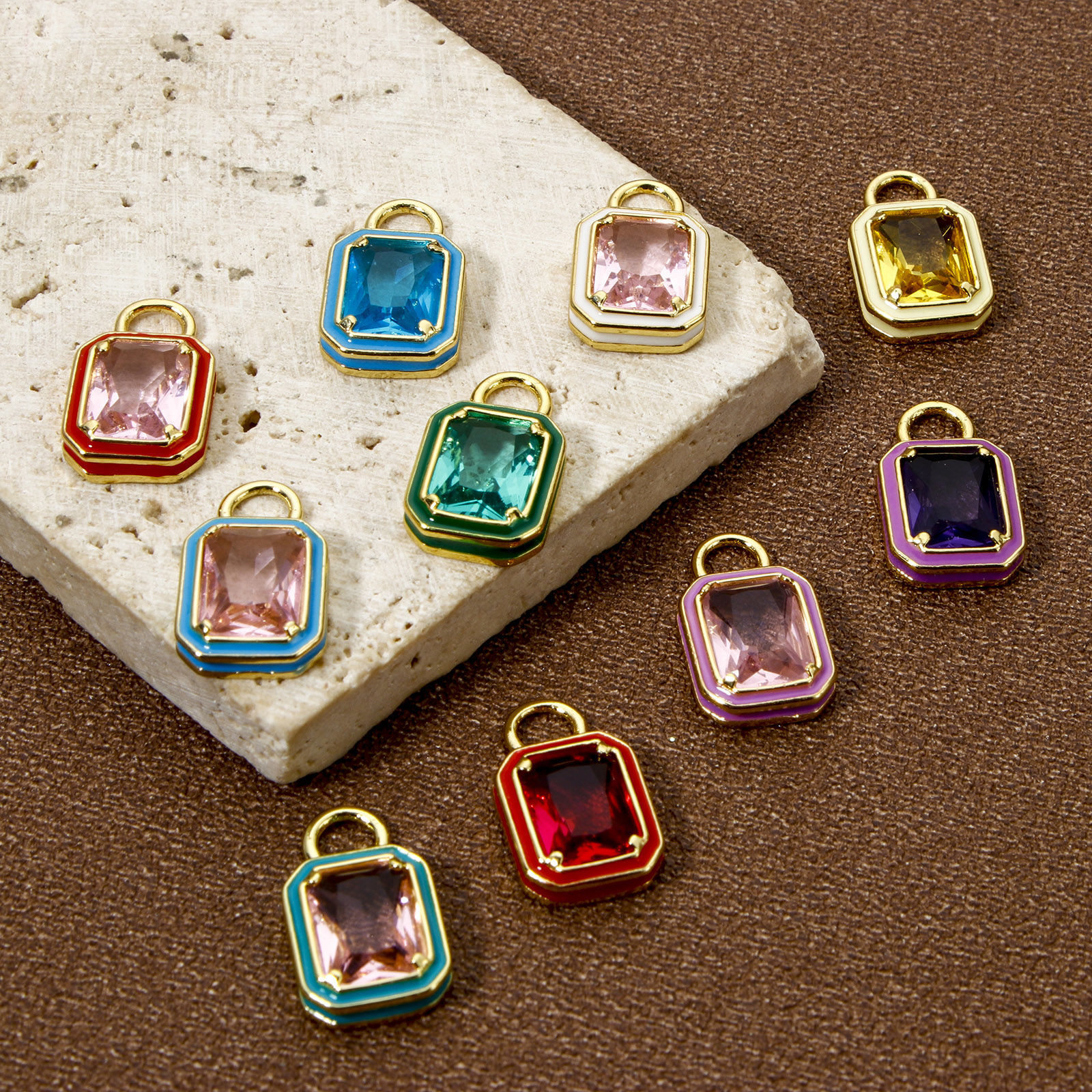 Picture of Eco-friendly Brass Charms 18K Real Gold Plated Octagon Enamel Multicolor Rhinestone 15.5mm x 9mm