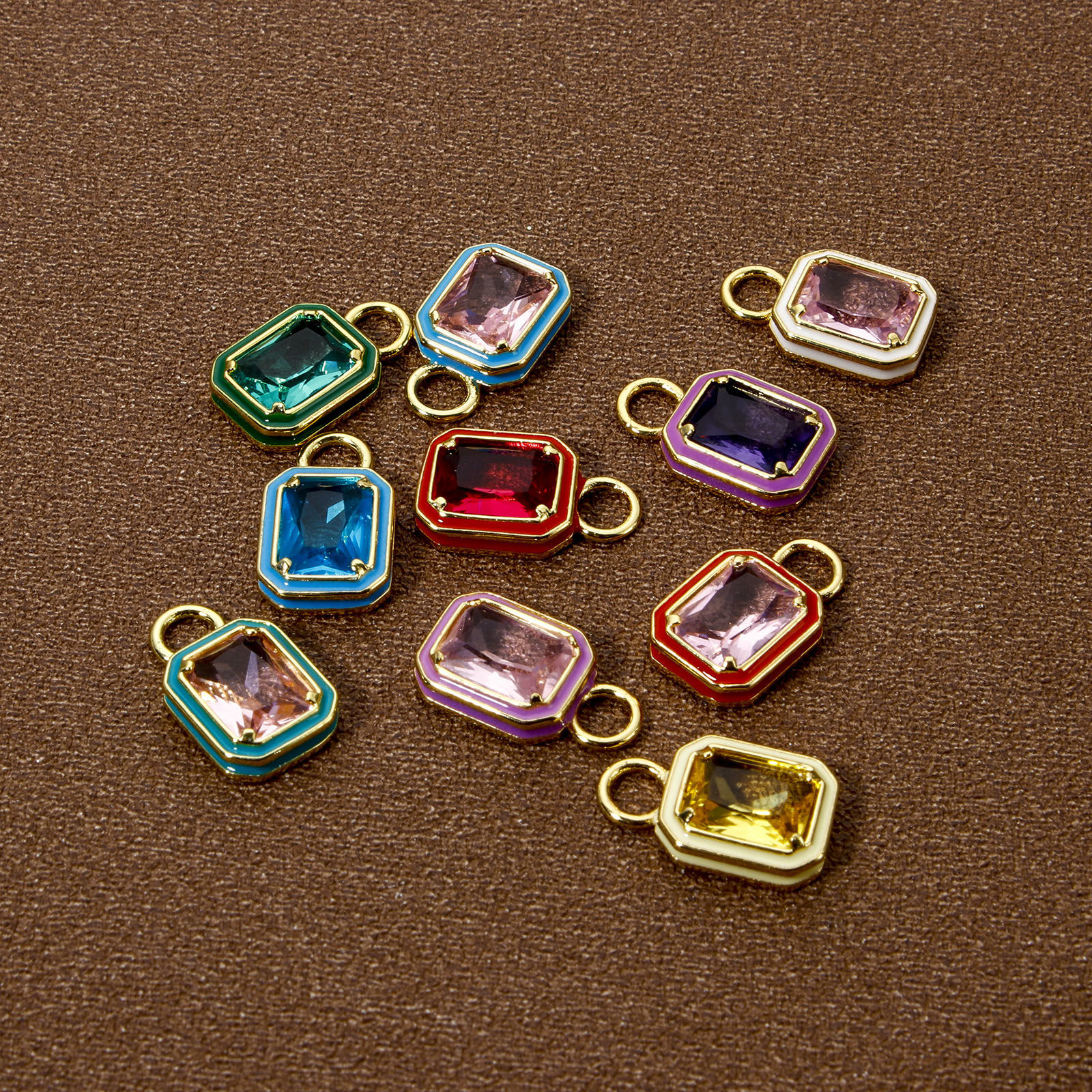 Picture of Eco-friendly Brass Charms 18K Real Gold Plated Octagon Enamel Multicolor Rhinestone 15.5mm x 9mm