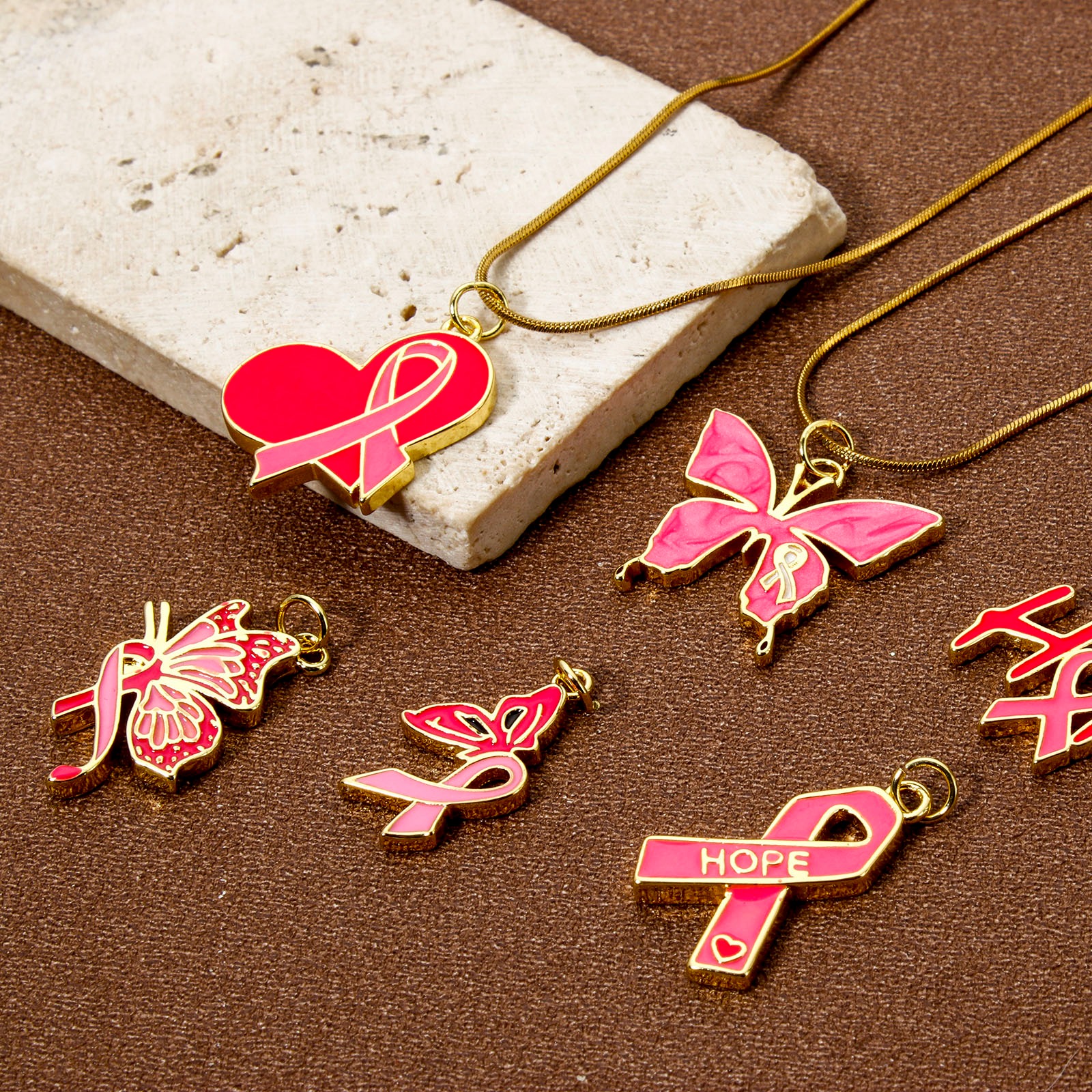 Immagine di 1 Piece Eco-friendly Brass Breast Cancer Awareness Pink Ribbon Theme Charms 18K Real Gold Plated Enamel