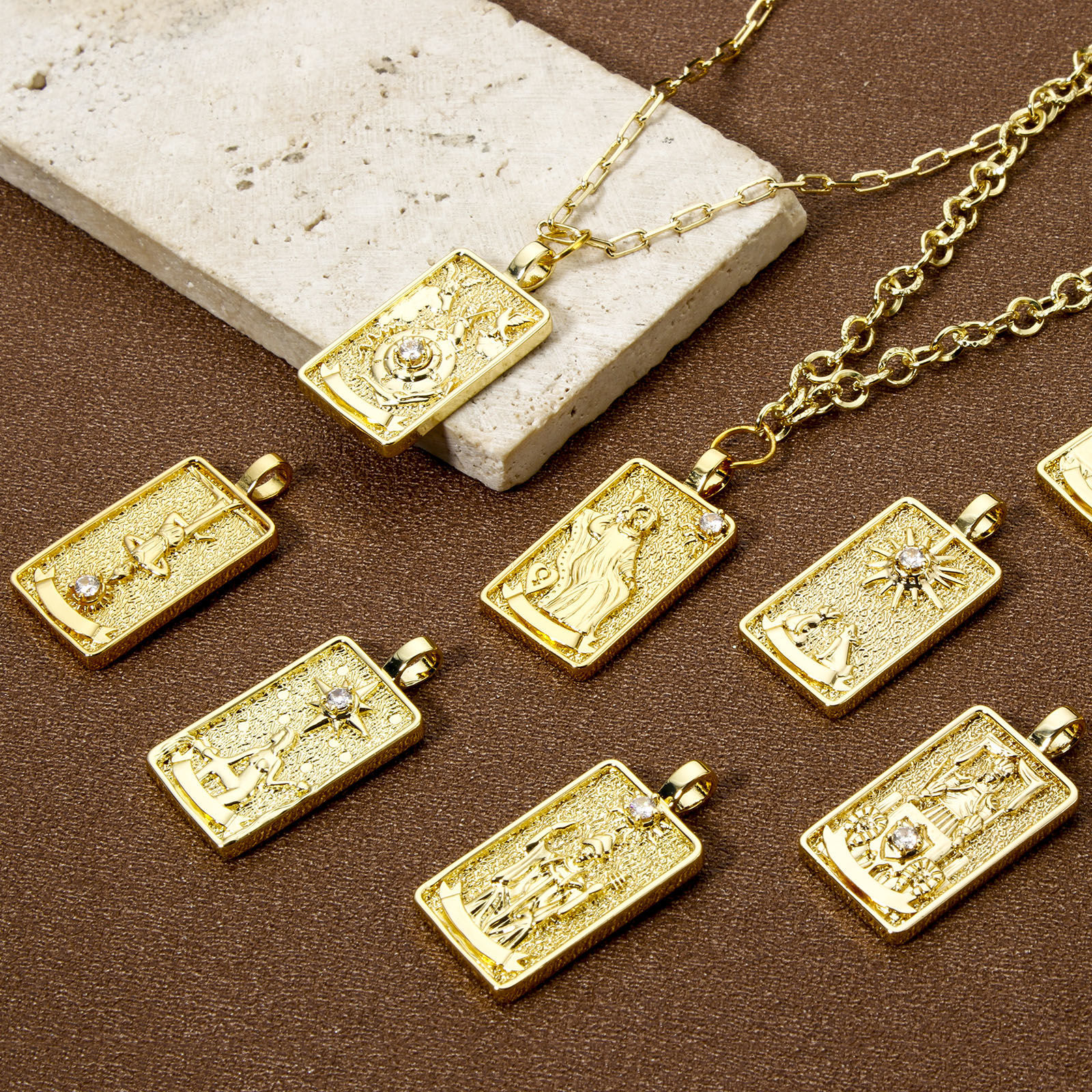 Picture of Eco-friendly Brass Tarot Pendants 18K Real Gold Plated Rectangle Double Sided Clear Cubic Zirconia 3cm x 1.5cm