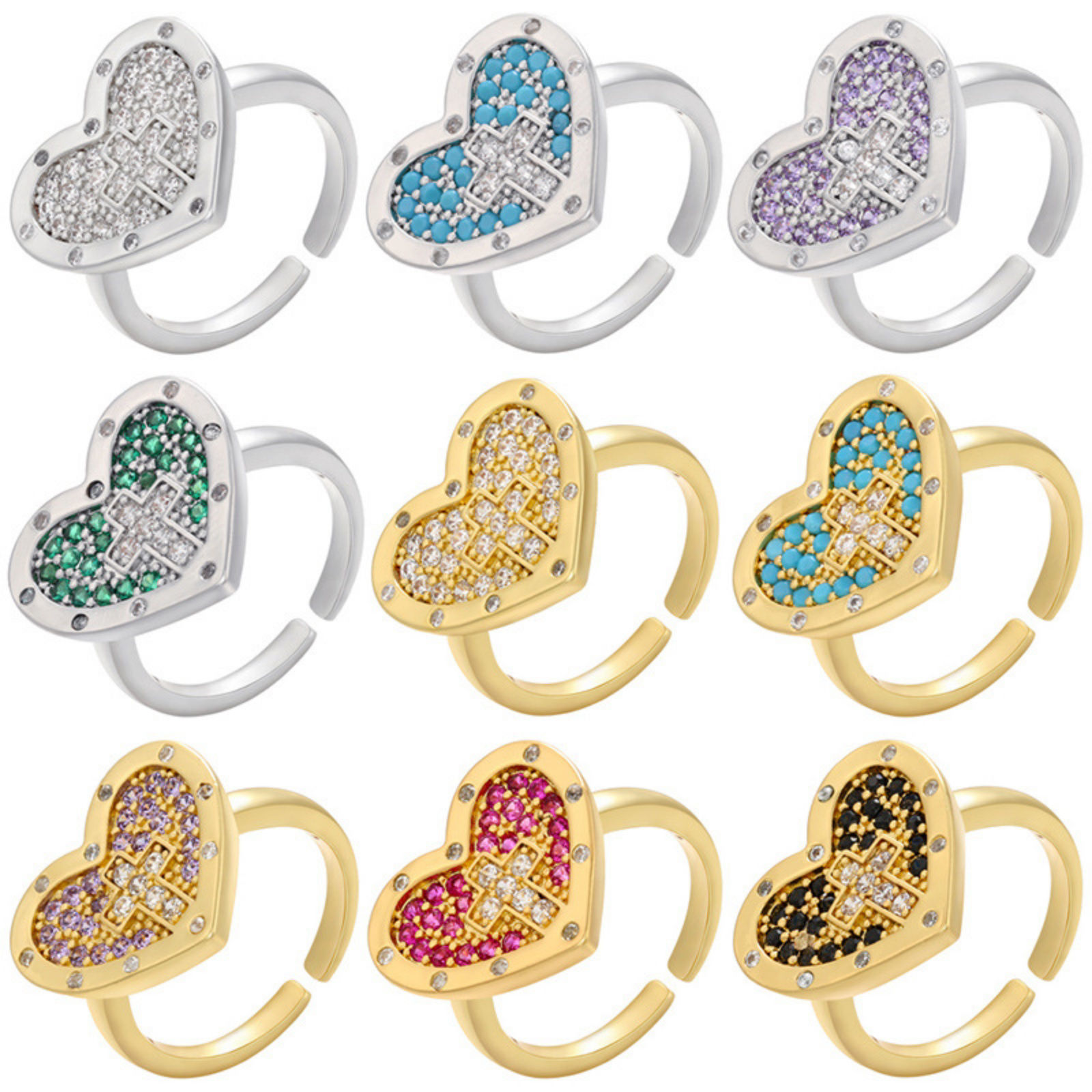 Bild von Messing Religiös Offen Ring Herz Kreuz Bunt Micro Pave Bunt Kubischer Zirkon 17mm (US Größe 6.5)