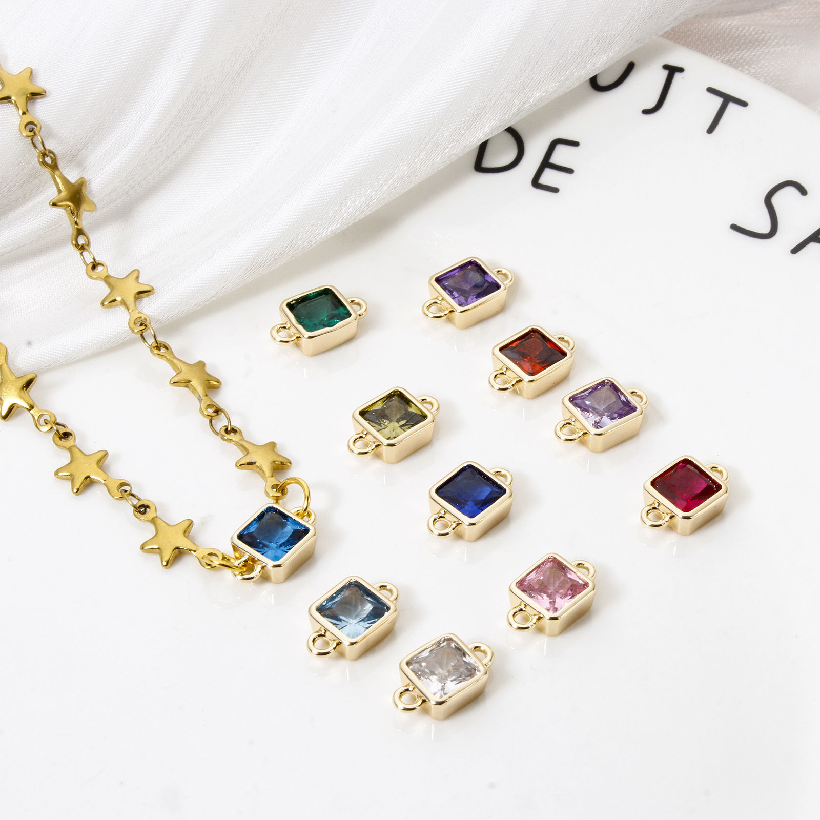 Immagine di 2 PCs Eco-friendly Brass Birthstone Connectors Charms Pendants 18K Real Gold Plated Square 12mm x 7mm