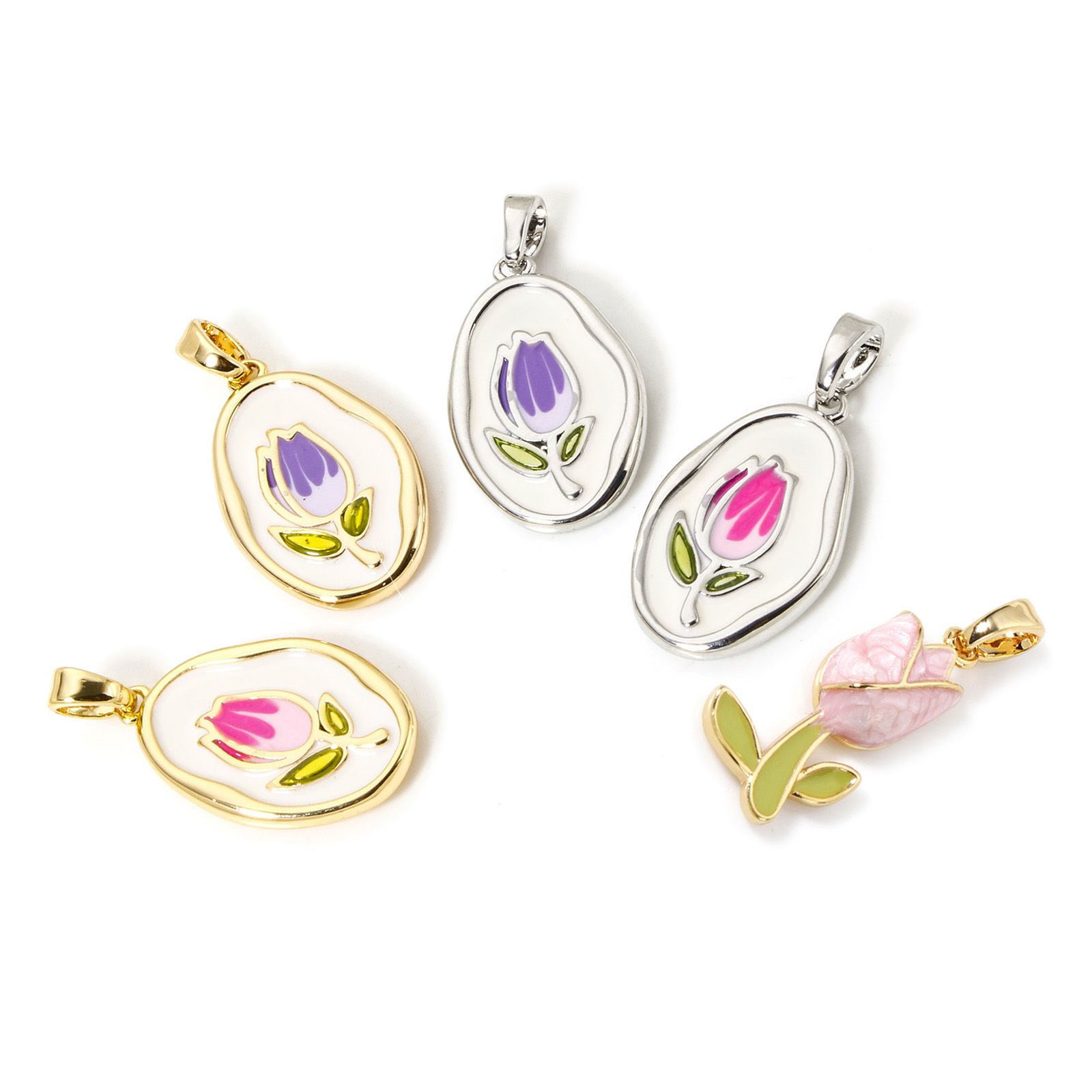 Picture of Eco-friendly Brass Charm Pendant Real Gold Plated Enamel Oval Tulip Flower Enamel
