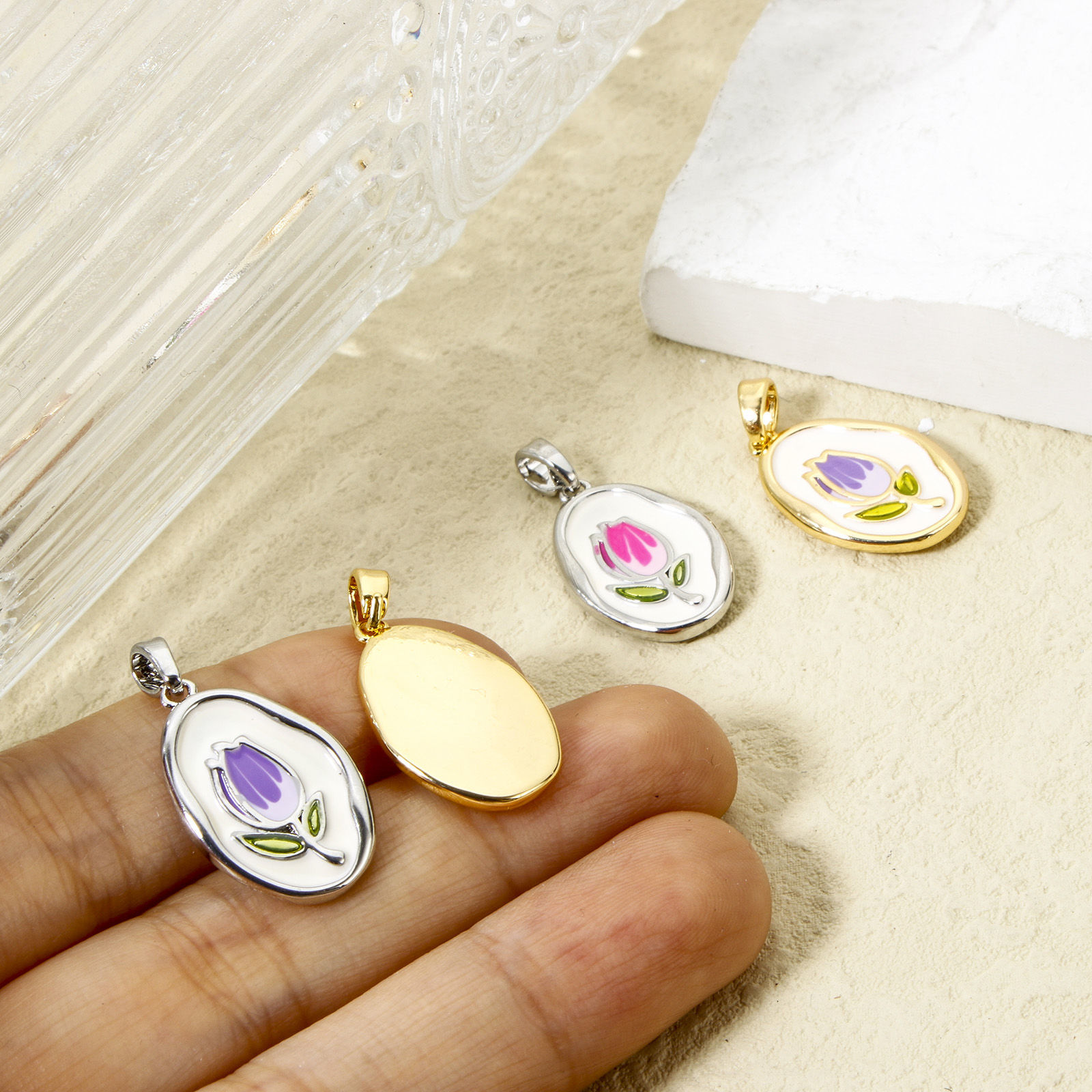 Picture of Eco-friendly Brass Charm Pendant Real Gold Plated Enamel Oval Tulip Flower Enamel