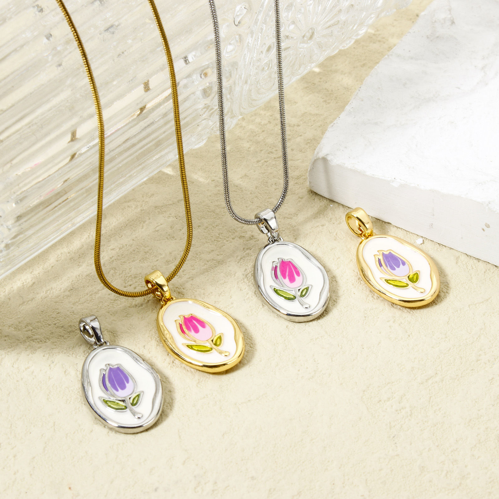 Picture of Eco-friendly Brass Charm Pendant Real Gold Plated Enamel Oval Tulip Flower Enamel