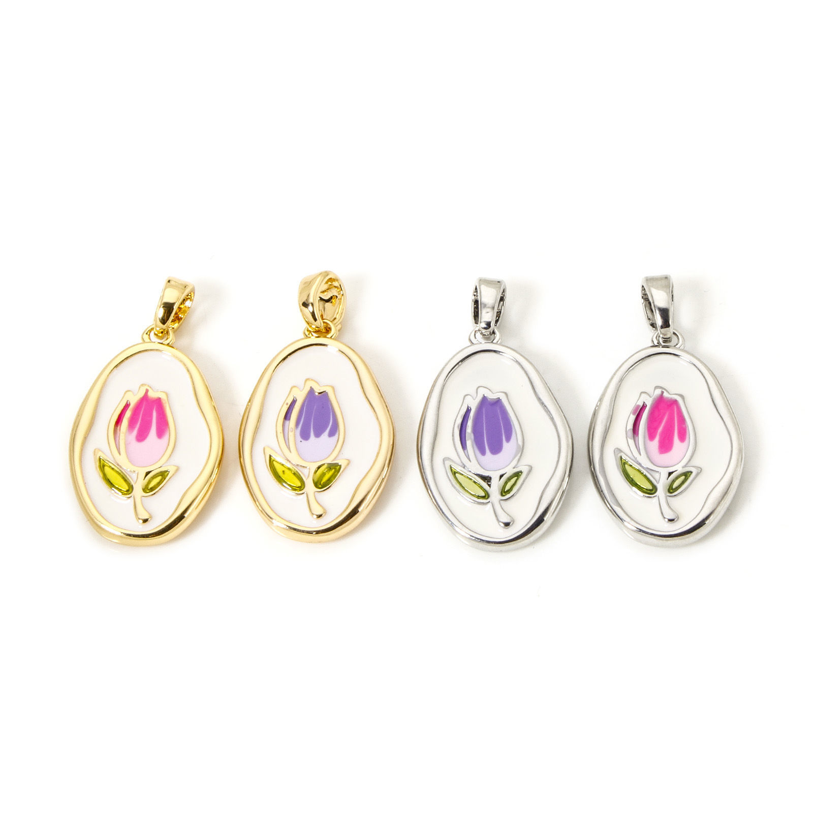Picture of Eco-friendly Brass Charm Pendant Real Gold Plated Enamel Oval Tulip Flower Enamel
