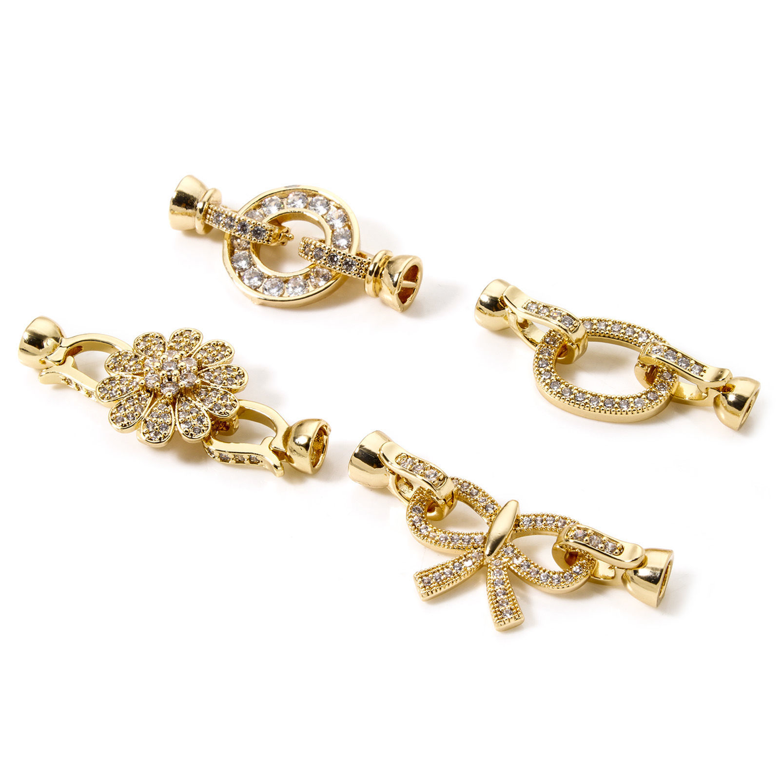 Picture of Brass Fold Over Clasps Bowknot Flower 18K Gold Plated Clear Cubic Zirconia