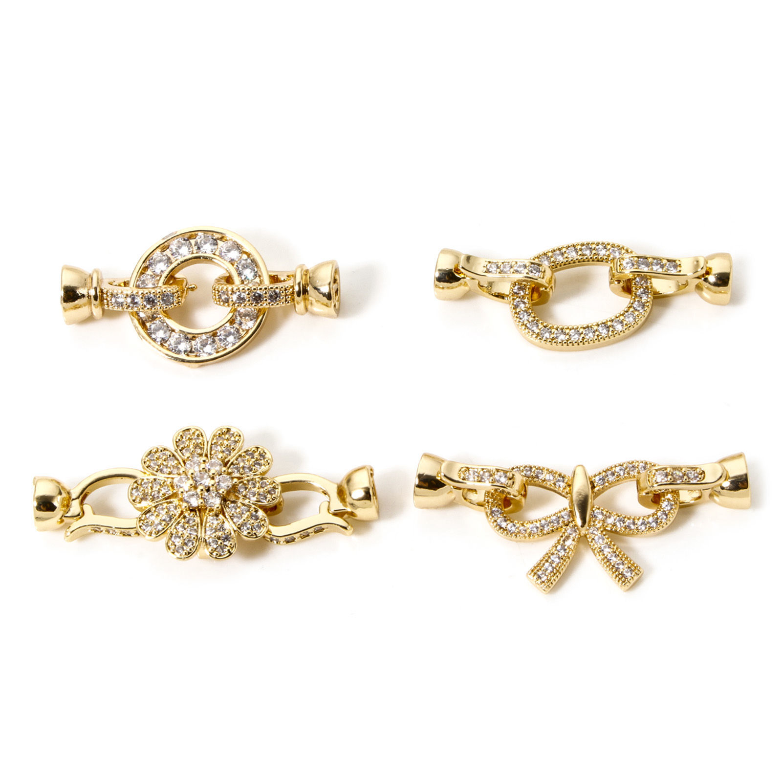 Picture of Brass Fold Over Clasps Bowknot Flower 18K Gold Plated Clear Cubic Zirconia