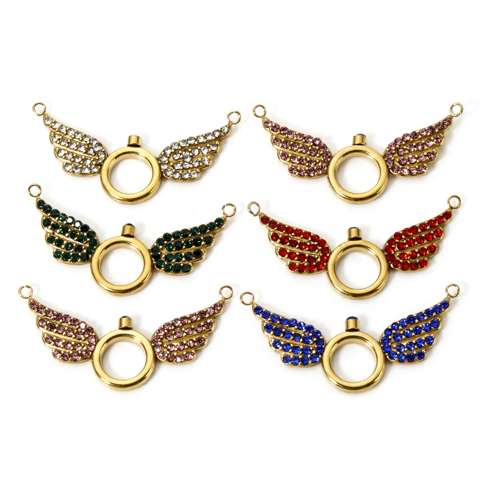 Immagine di 1 Pz Placcatura Sottovuoto Ecologica 304 Acciaio Inossidabile Pendenti Charms Connettori Ali Placcato Oro 18K Micro Spianare Multicolore Strass 3.6cm x 1.8cm