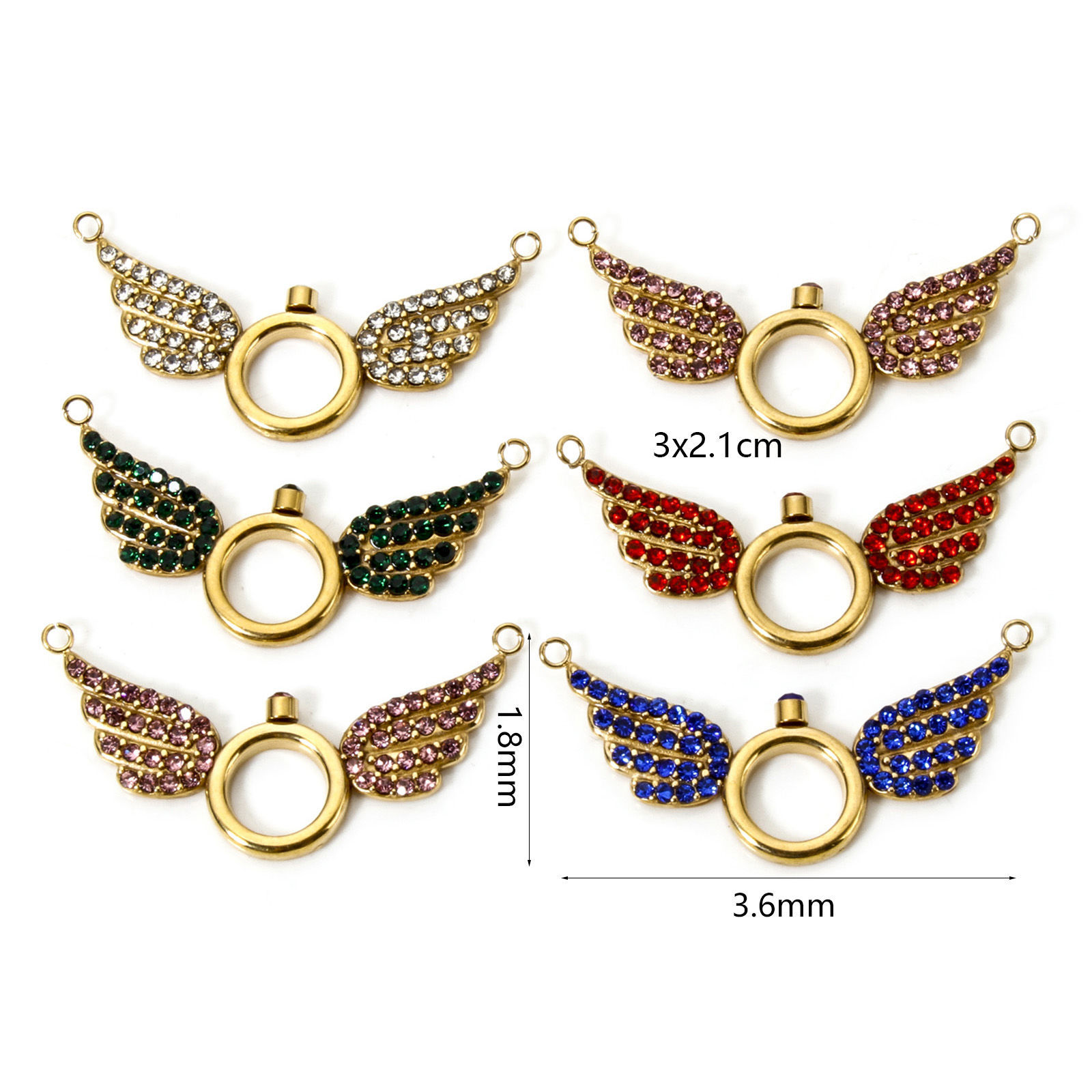 Immagine di 1 Pz Placcatura Sottovuoto Ecologica 304 Acciaio Inossidabile Pendenti Charms Connettori Ali Placcato Oro 18K Micro Spianare Multicolore Strass 3.6cm x 1.8cm