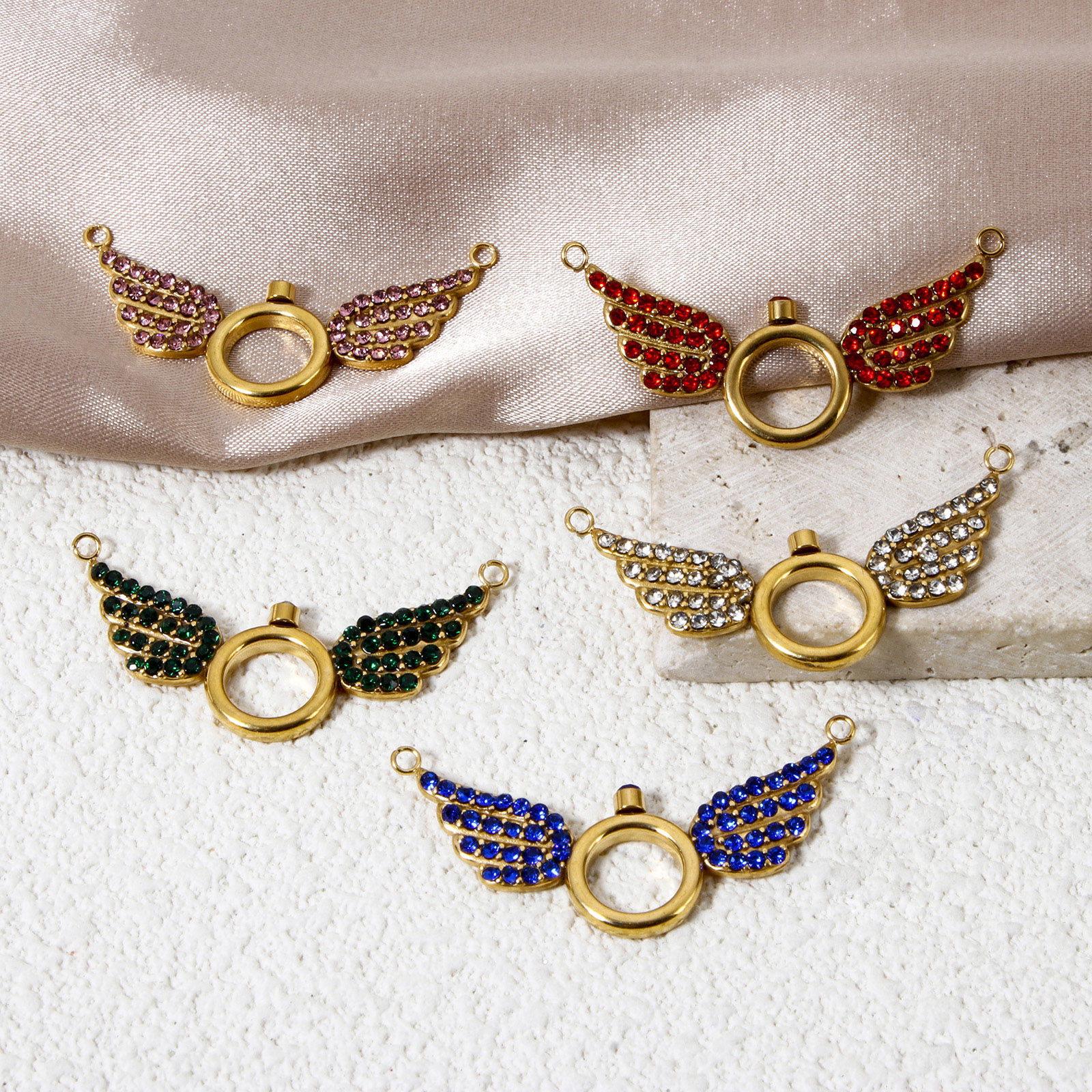 Immagine di 1 Pz Placcatura Sottovuoto Ecologica 304 Acciaio Inossidabile Pendenti Charms Connettori Ali Placcato Oro 18K Micro Spianare Multicolore Strass 3.6cm x 1.8cm