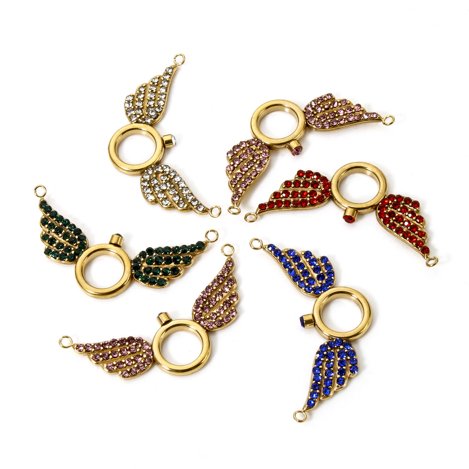 Immagine di 1 Pz Placcatura Sottovuoto Ecologica 304 Acciaio Inossidabile Pendenti Charms Connettori Ali Placcato Oro 18K Micro Spianare Multicolore Strass 3.6cm x 1.8cm