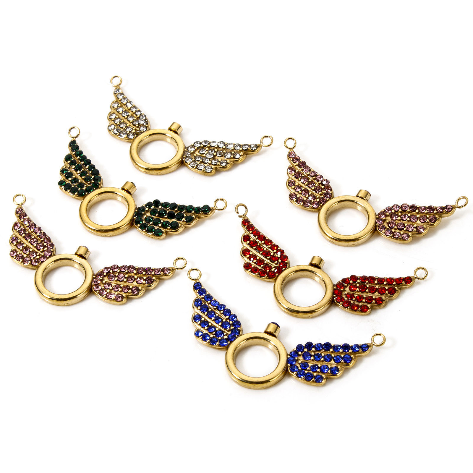 Immagine di 1 Pz Placcatura Sottovuoto Ecologica 304 Acciaio Inossidabile Pendenti Charms Connettori Ali Placcato Oro 18K Micro Spianare Multicolore Strass 3.6cm x 1.8cm