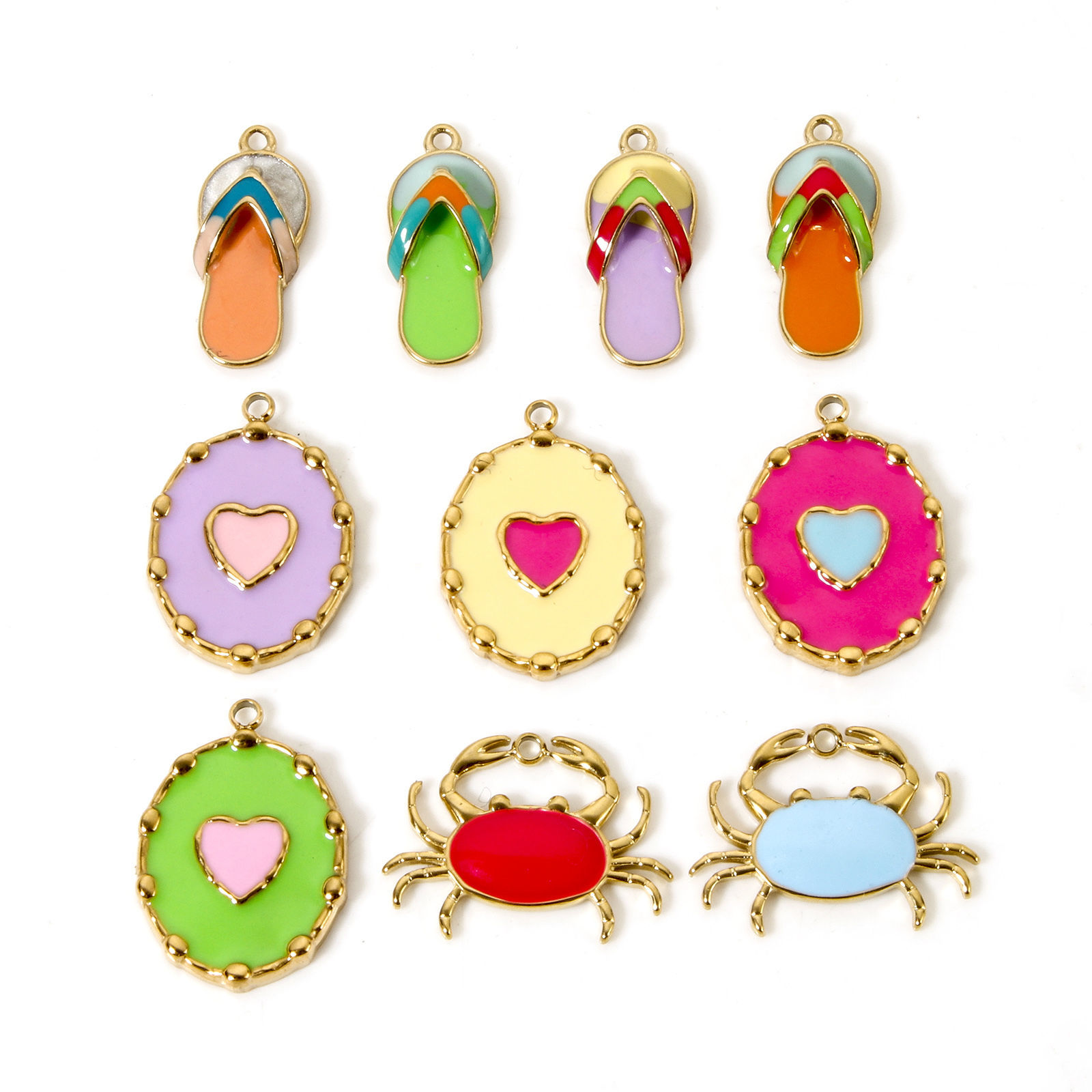 Picture of Eco-friendly PVD Vacuum Plating 304 Stainless Steel Charms 14K Real Gold Plated Multicolor Enamel Flip Flops Slipper Crab