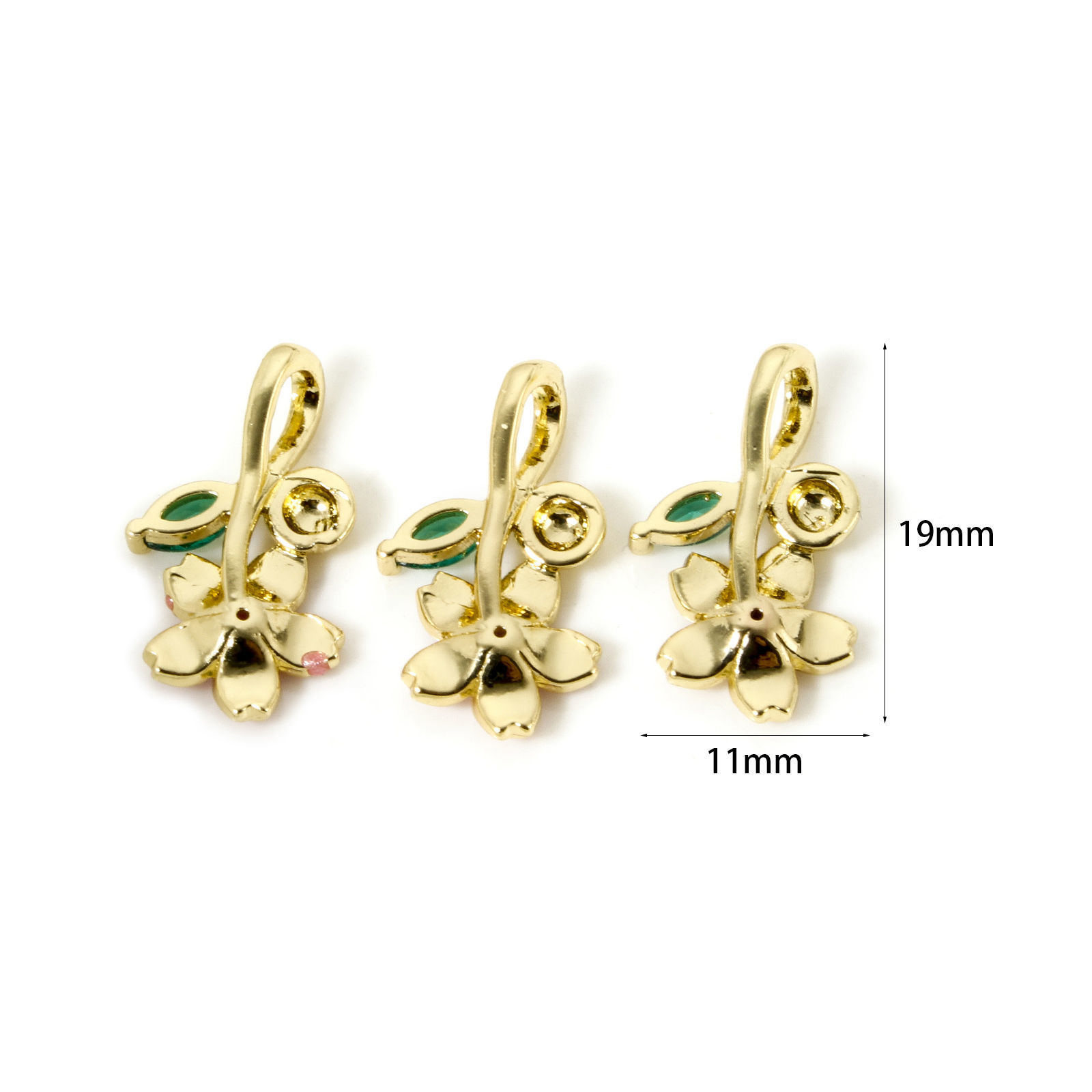 Picture of Eco-friendly Brass Flora Collection Charms 18K Real Gold Plated Multicolor Flower Enamel Green Rhinestone 19mm x 11mm