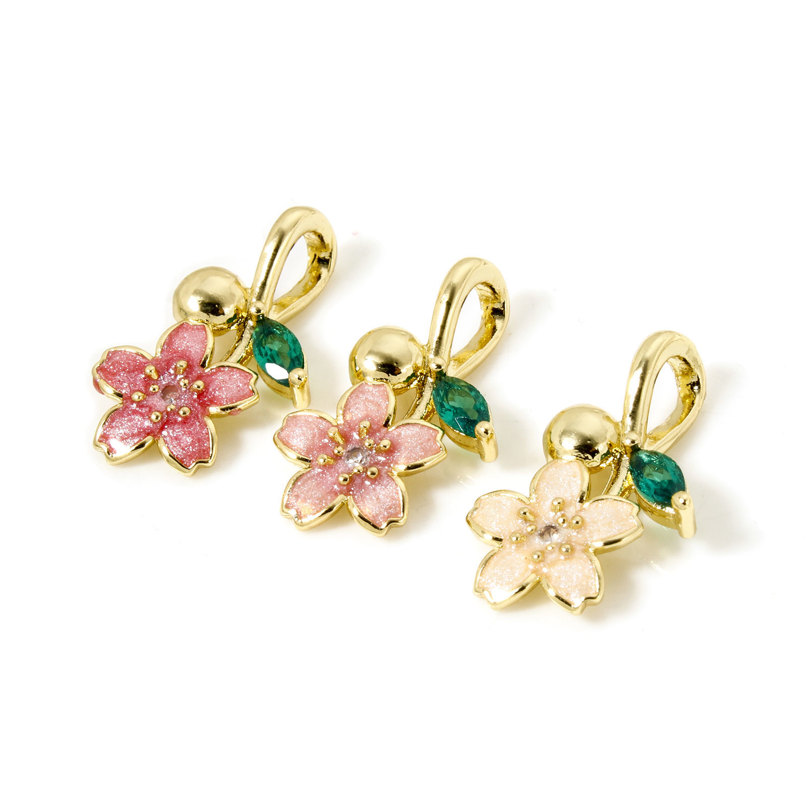 Picture of Eco-friendly Brass Flora Collection Charms 18K Real Gold Plated Multicolor Flower Enamel Green Rhinestone 19mm x 11mm