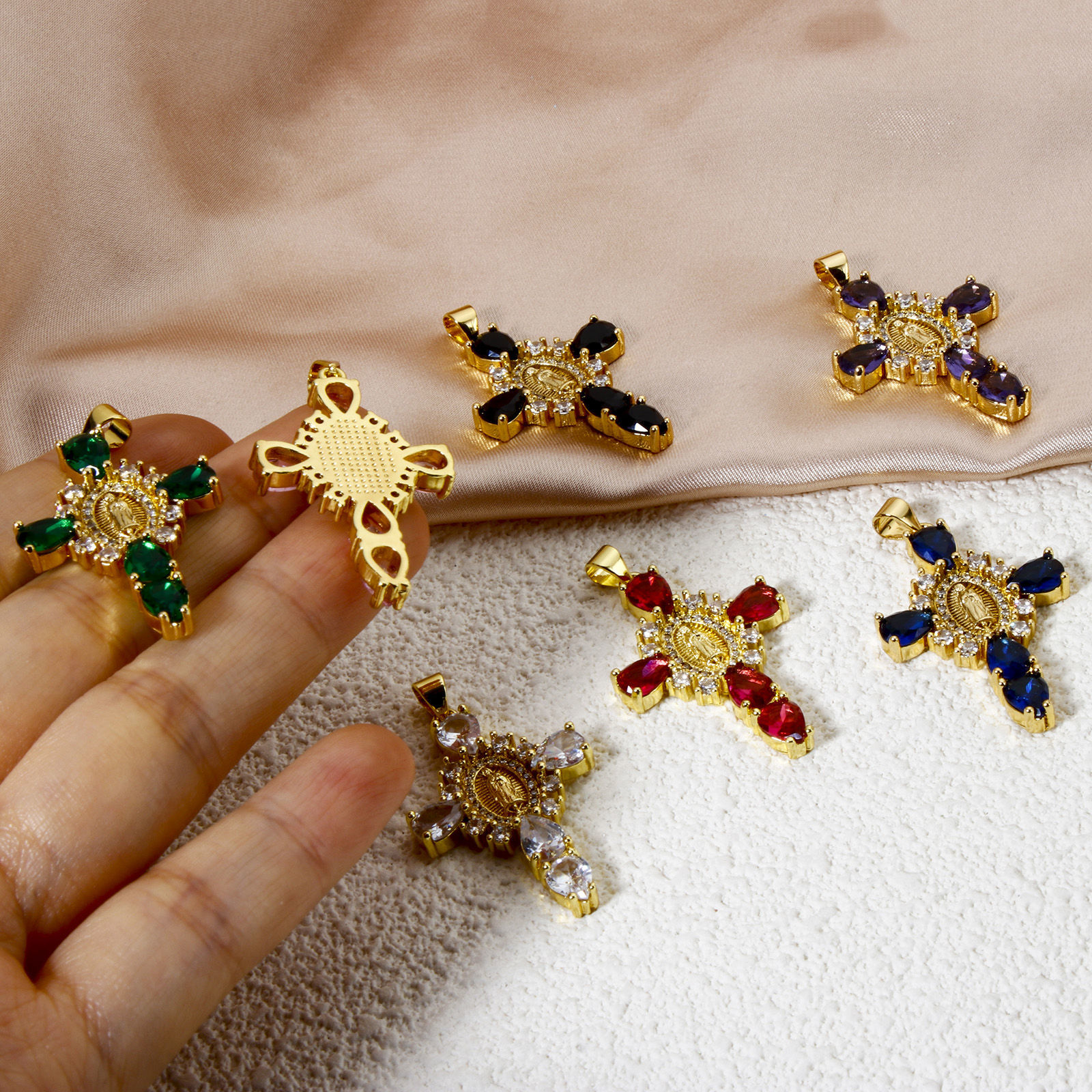 Picture of Eco-friendly Brass Religious Pendants 18K Real Gold Plated Cross Virgin Mary Clear Cubic Zirconia 4cm x 2.3cm