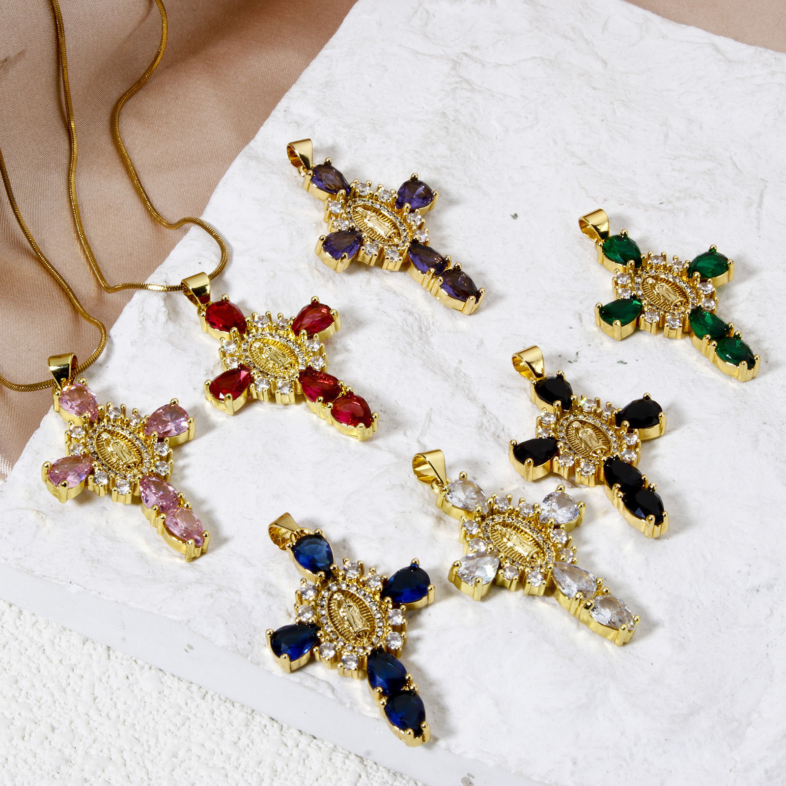 Picture of Eco-friendly Brass Religious Pendants 18K Real Gold Plated Cross Virgin Mary Clear Cubic Zirconia 4cm x 2.3cm