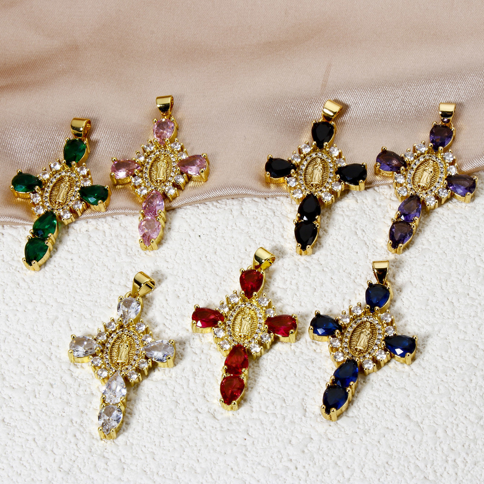 Picture of Eco-friendly Brass Religious Pendants 18K Real Gold Plated Cross Virgin Mary Clear Cubic Zirconia 4cm x 2.3cm