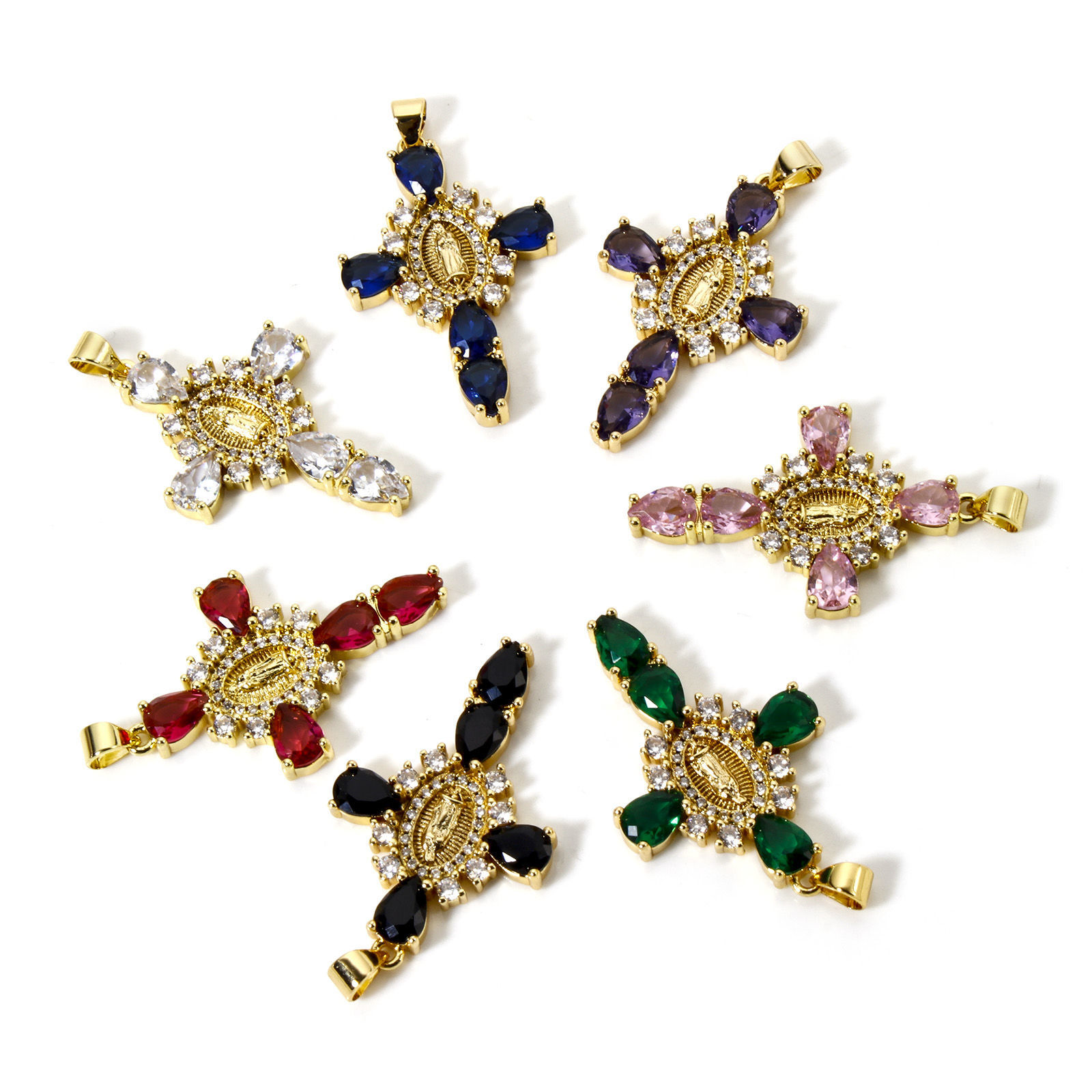 Picture of Eco-friendly Brass Religious Pendants 18K Real Gold Plated Cross Virgin Mary Clear Cubic Zirconia 4cm x 2.3cm