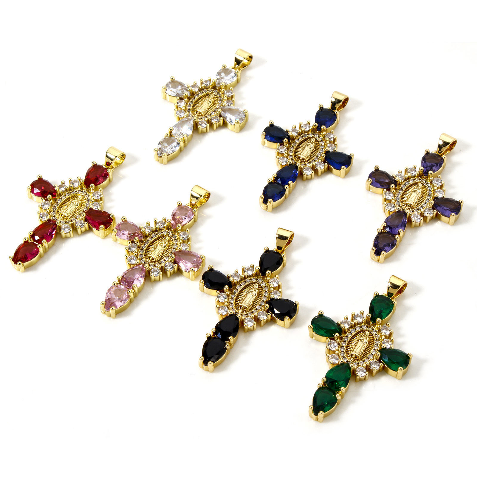 Picture of Eco-friendly Brass Religious Pendants 18K Real Gold Plated Cross Virgin Mary Clear Cubic Zirconia 4cm x 2.3cm