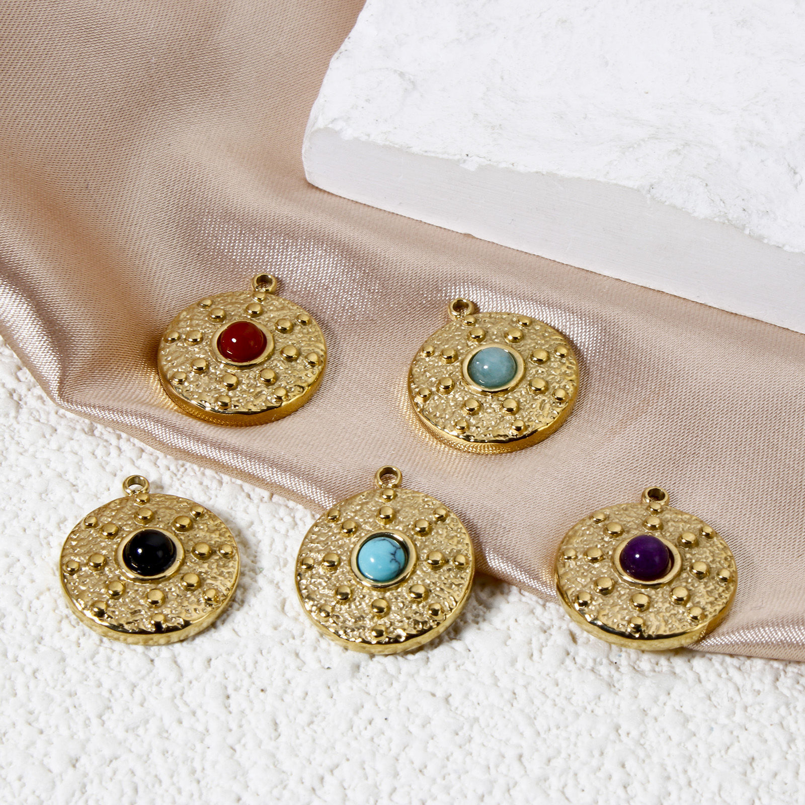 Immagine di 1 Pz Placcatura Sottovuoto PVD Ecologica 304 Acciaio Inossidabile Ciondoli Tondo Disco 14K Vero Oro Placcato Con Cabochon di Gemma Sintetica 18mm x 15.5mm