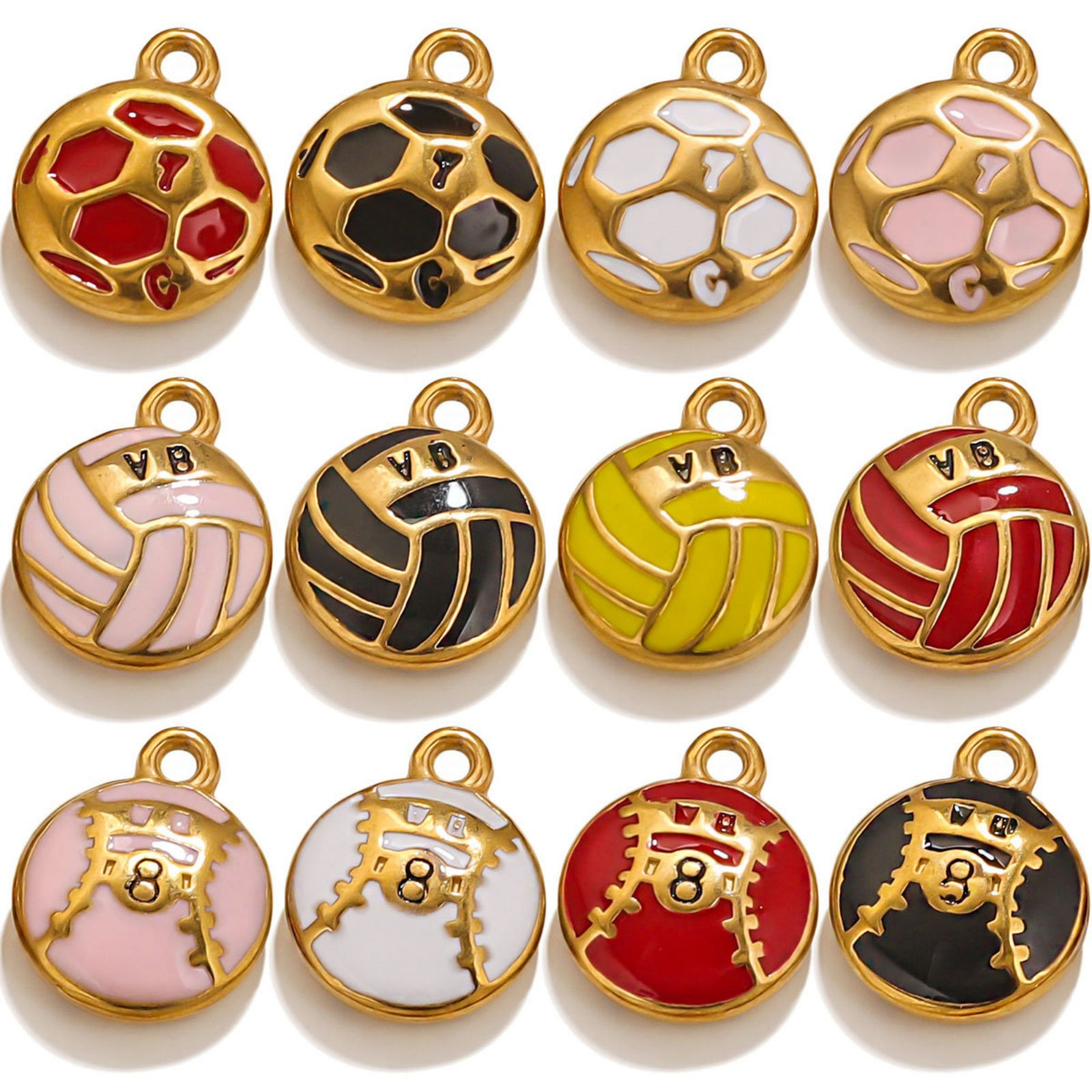 Picture of Eco-friendly PVD Vacuum Plating 304 Stainless Steel Charms 18K Gold Plated Volleyball Enamel 17mm x 14mm