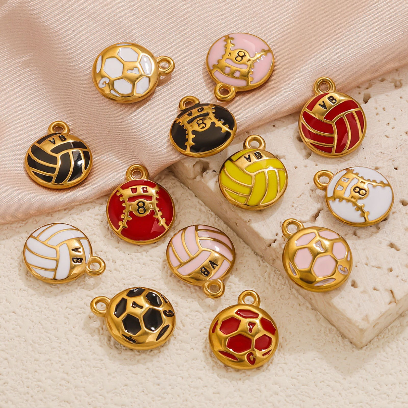 Picture of Eco-friendly PVD Vacuum Plating 304 Stainless Steel Charms 18K Gold Plated Volleyball Enamel 17mm x 14mm