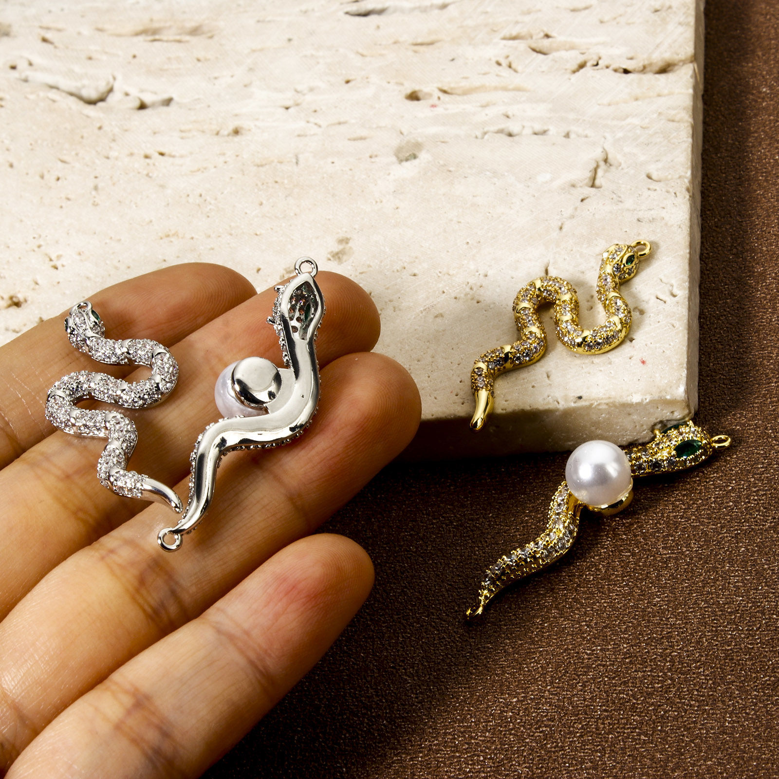 Picture of Brass Connectors Charms Pendants Multicolor Snake Animal Micro Pave Clear Cubic Zirconia