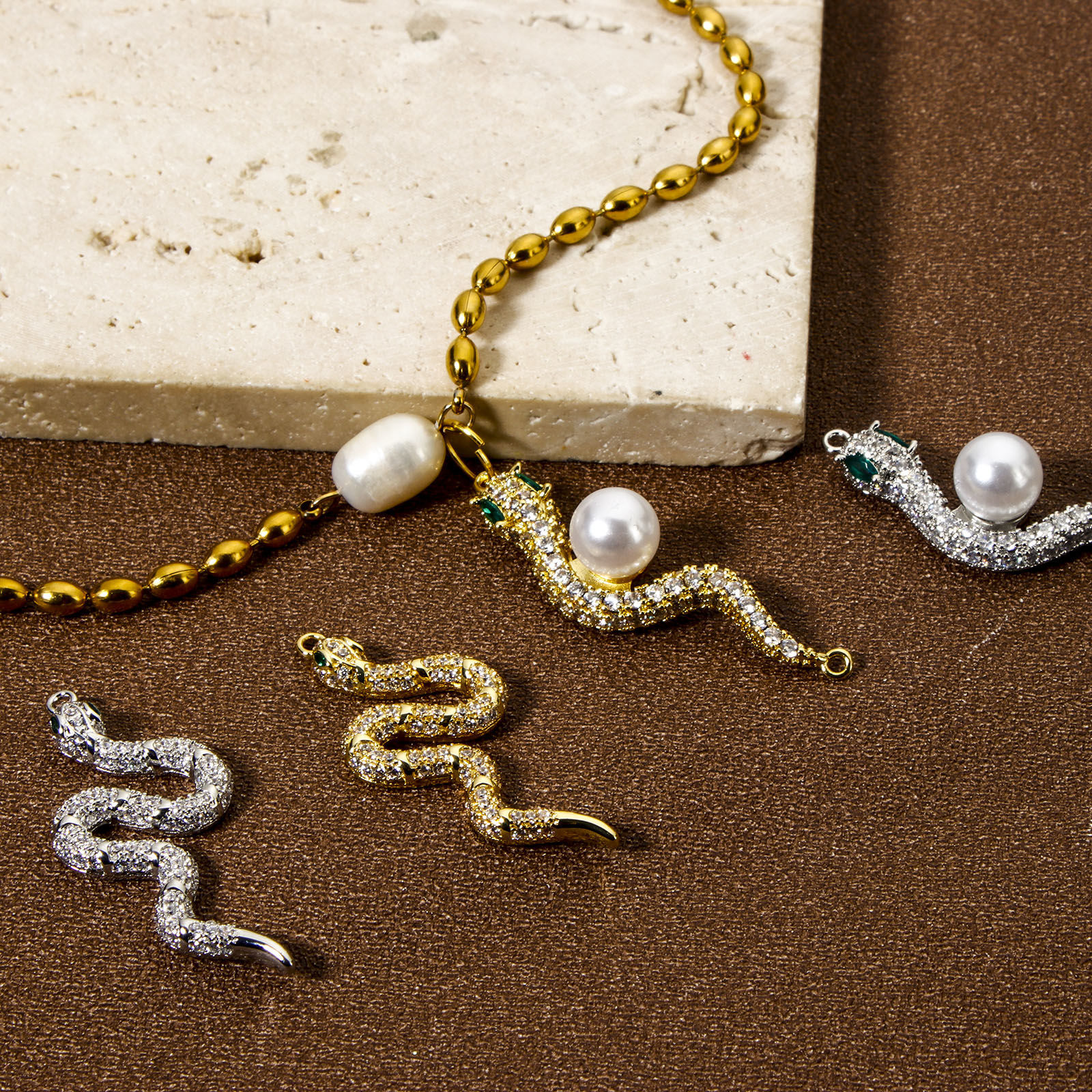 Picture of Brass Connectors Charms Pendants Multicolor Snake Animal Micro Pave Clear Cubic Zirconia