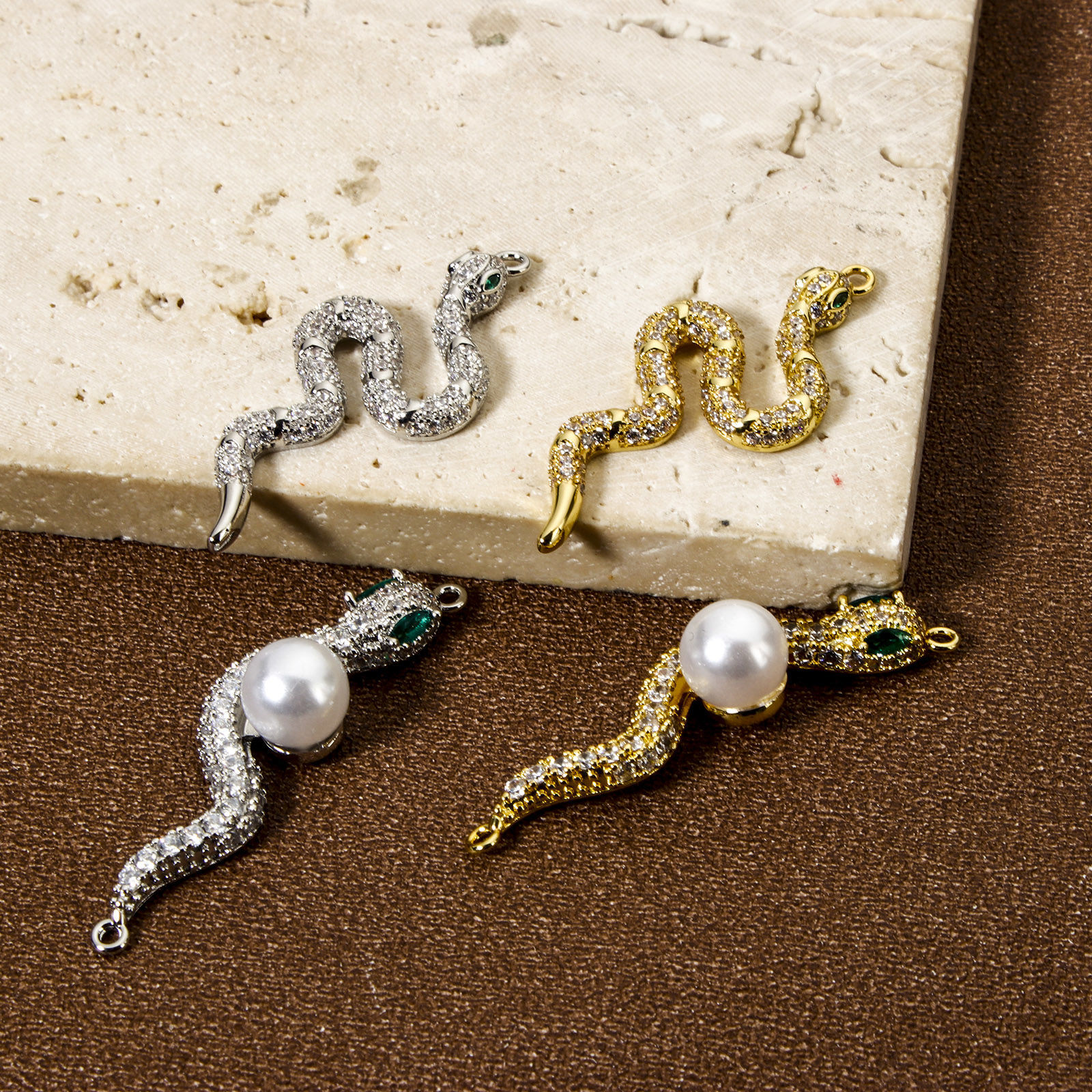 Picture of Brass Connectors Charms Pendants Multicolor Snake Animal Micro Pave Clear Cubic Zirconia