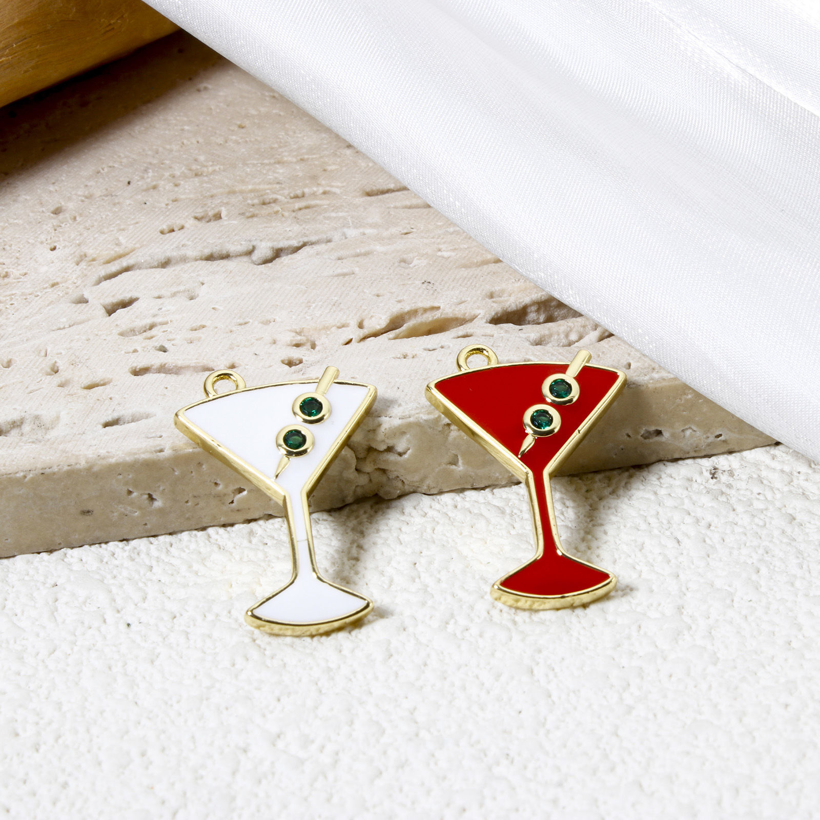 Picture of Brass Charms 18K Gold Plated Wine Glass Enamel 26mm x 18mm
