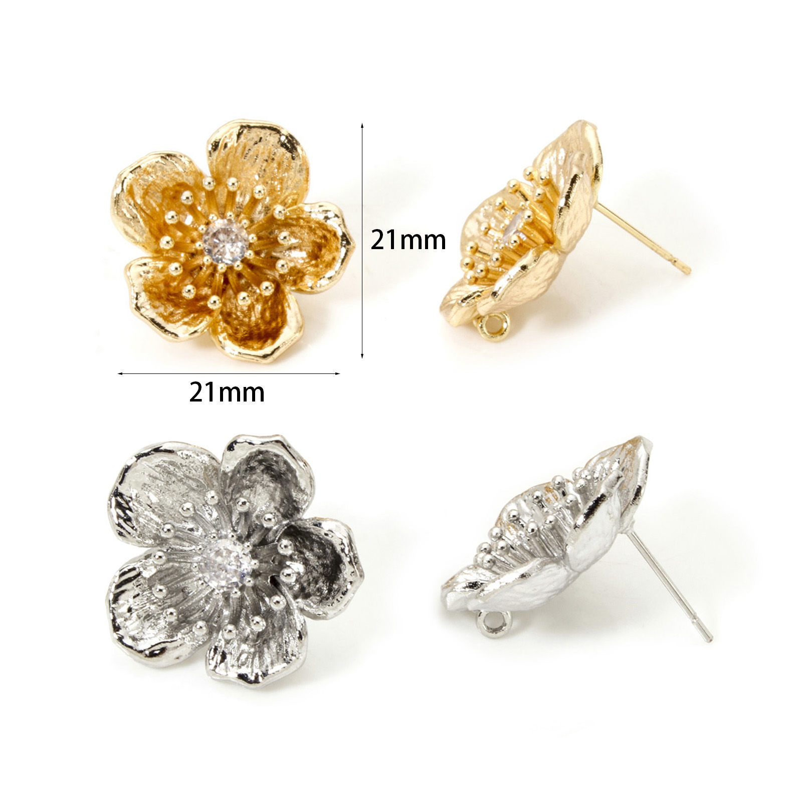 Picture of Eco-friendly Brass Flora Collection Ear Post Stud Earrings Real Gold Plated Flower Clear Cubic Zirconia With Loop 21mm x 21mm