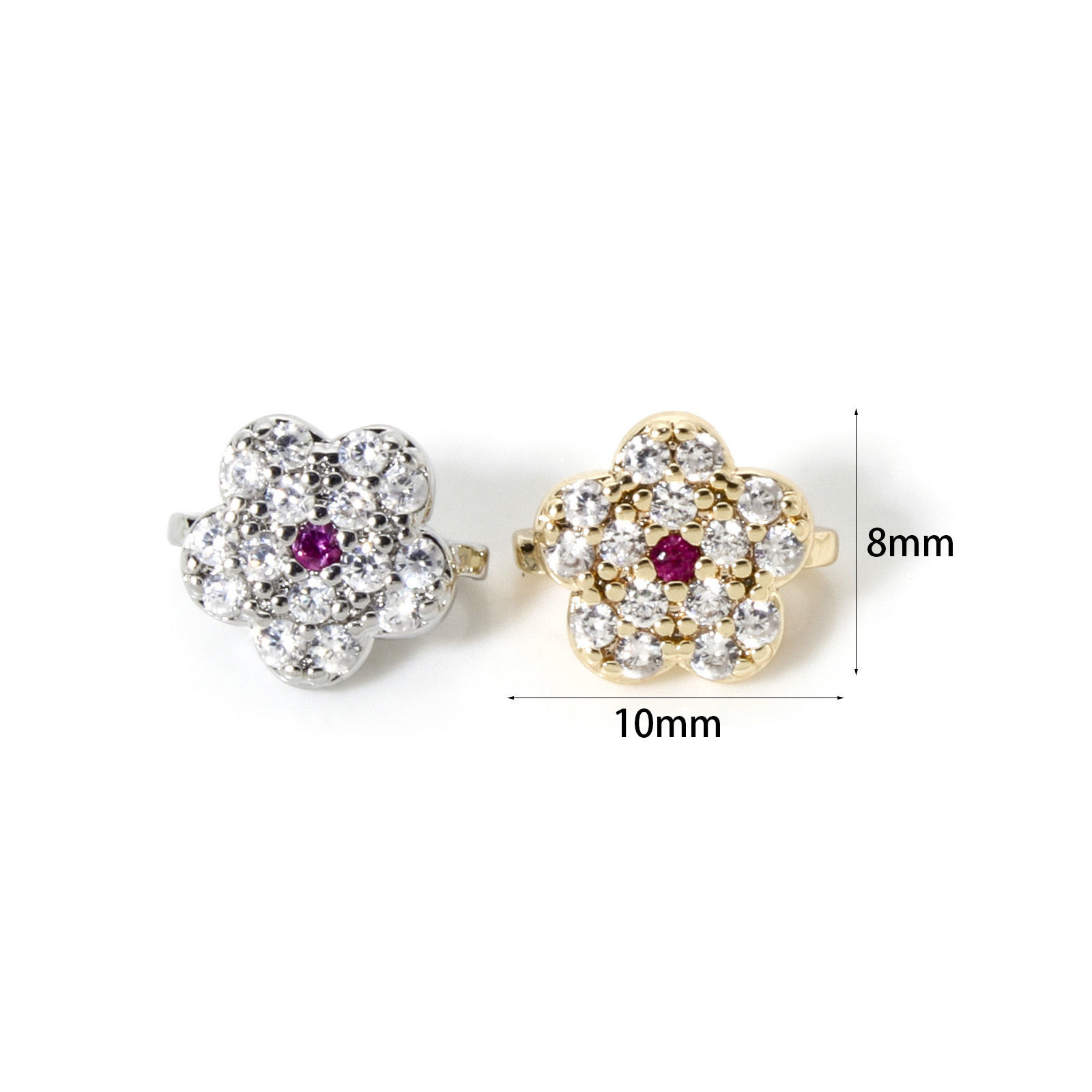 Immagine di 2 Pz Ecologico Ottone Perline Distanziatrici per Gioielli Fai-da-te che Fanno Risultati 3 Fori Vero Oro Placcato Fiore Trasparente Cubic Zirconiae 10mm x 8mm, Buco: Circa 1.5mm