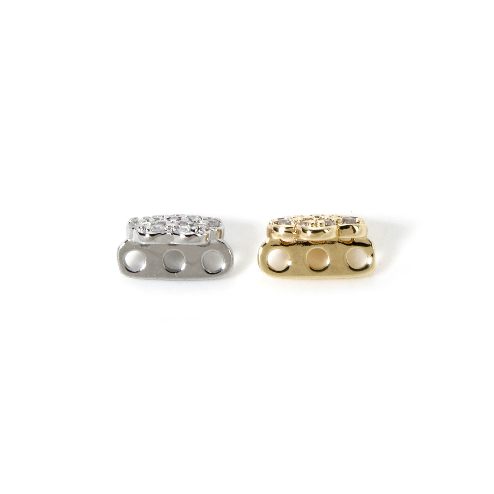 Immagine di 2 Pz Ecologico Ottone Perline Distanziatrici per Gioielli Fai-da-te che Fanno Risultati 3 Fori Vero Oro Placcato Fiore Trasparente Cubic Zirconiae 10mm x 8mm, Buco: Circa 1.5mm