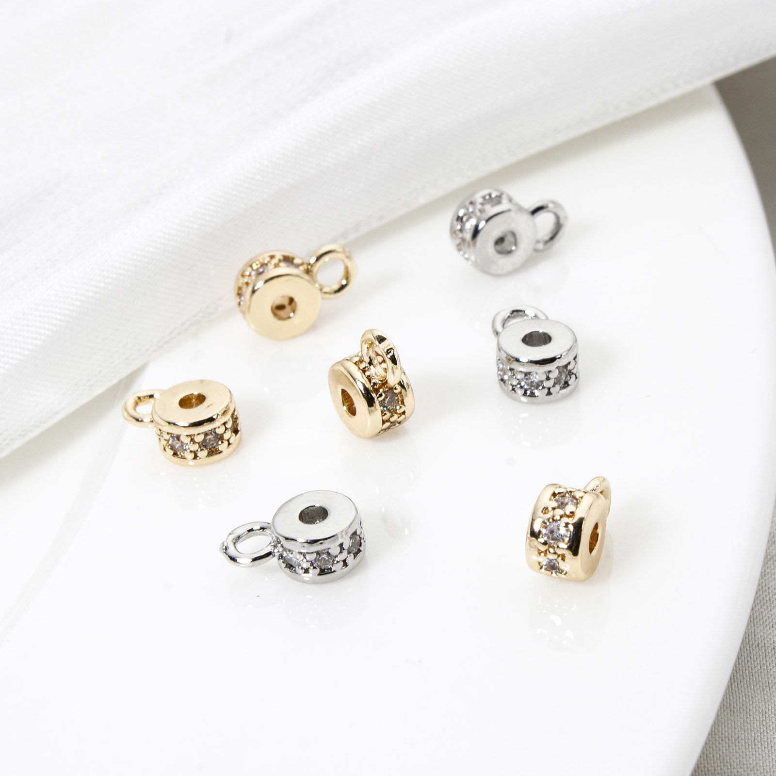 Picture of Eco-friendly Brass Bail Beads With Loop For DIY Jewelry Making Findings Round Real Gold Plated Micro Pave Clear Cubic Zirconia 7.5mm x 5mm