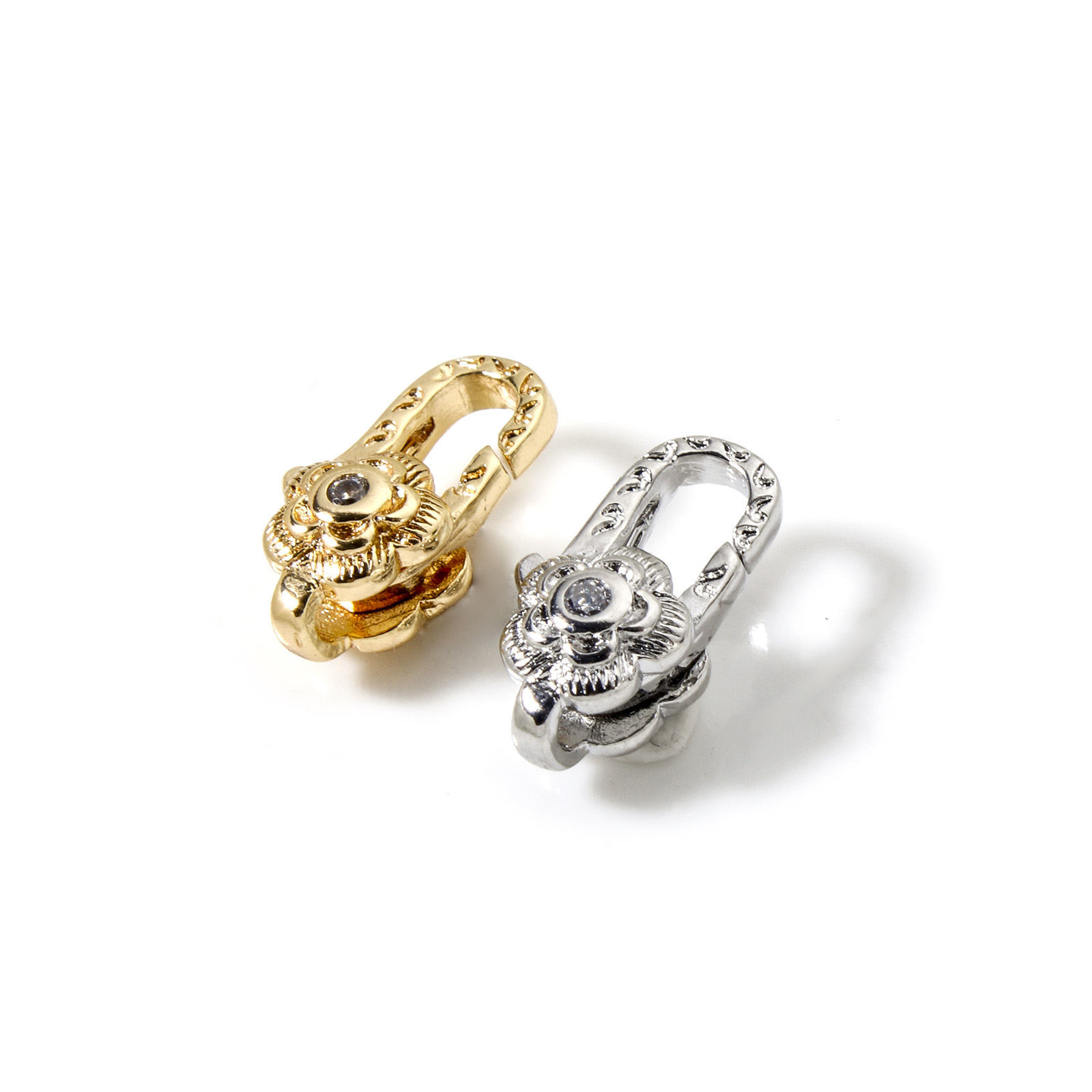 Picture of Eco-friendly Brass Lobster Clasp Findings Flower Real Gold Plated Micro Pave Clear Cubic Zirconia 11.5mm x 7mm