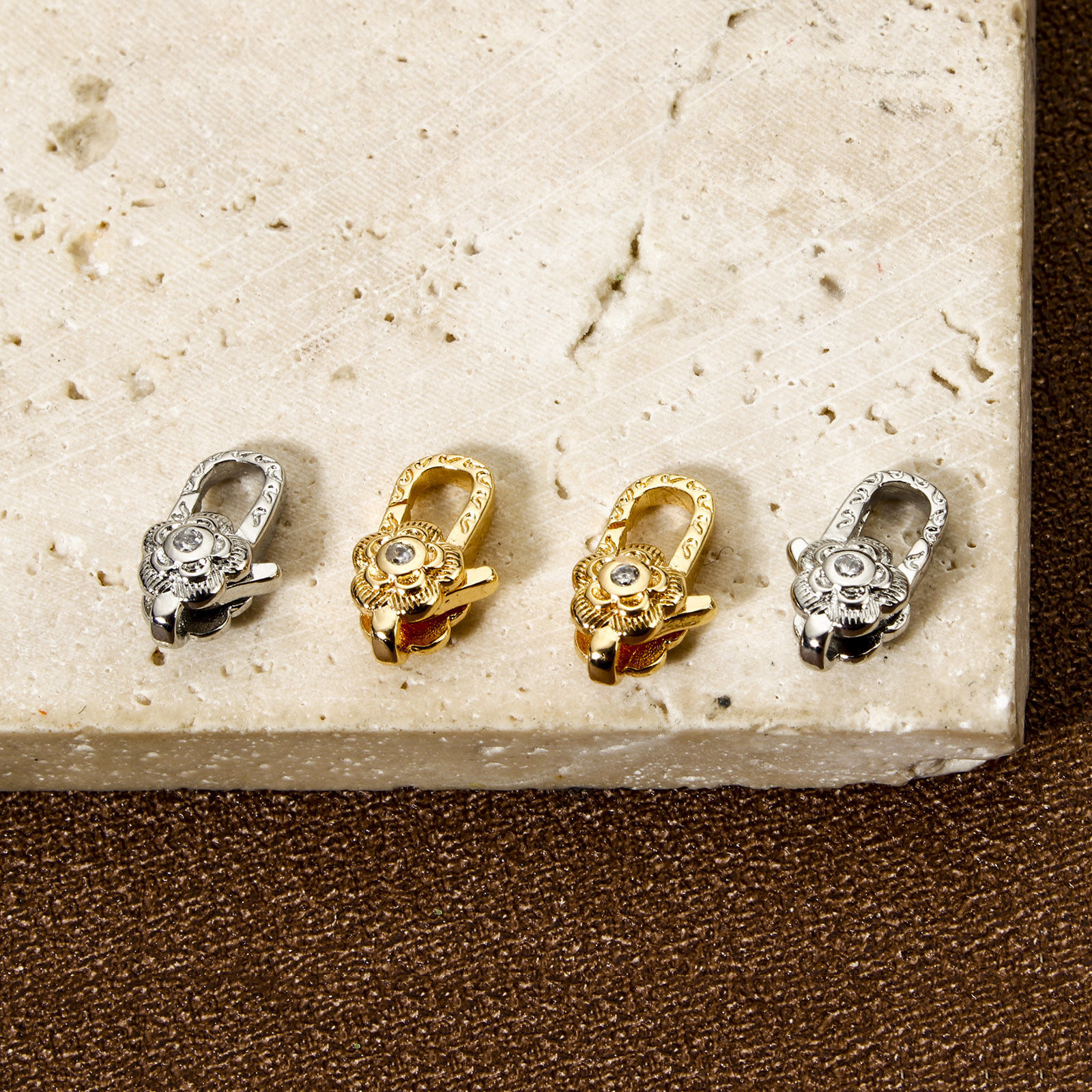 Picture of Eco-friendly Brass Lobster Clasp Findings Flower Real Gold Plated Micro Pave Clear Cubic Zirconia 11.5mm x 7mm