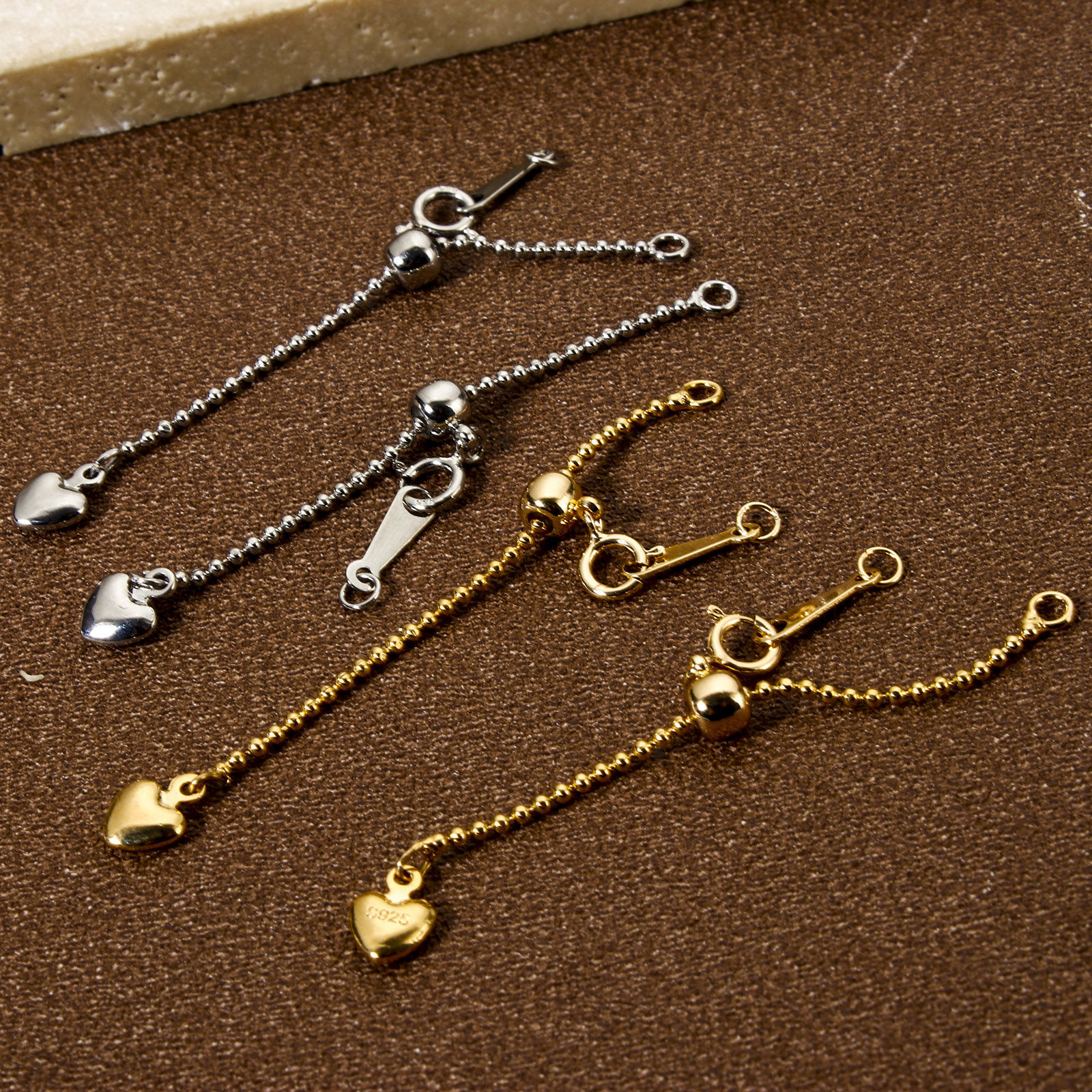 Picture of Eco-friendly Brass & Sterling Silver Slider/Slide Extender Chain Heart Real Gold Plated 5.5cm(2 1/8") long