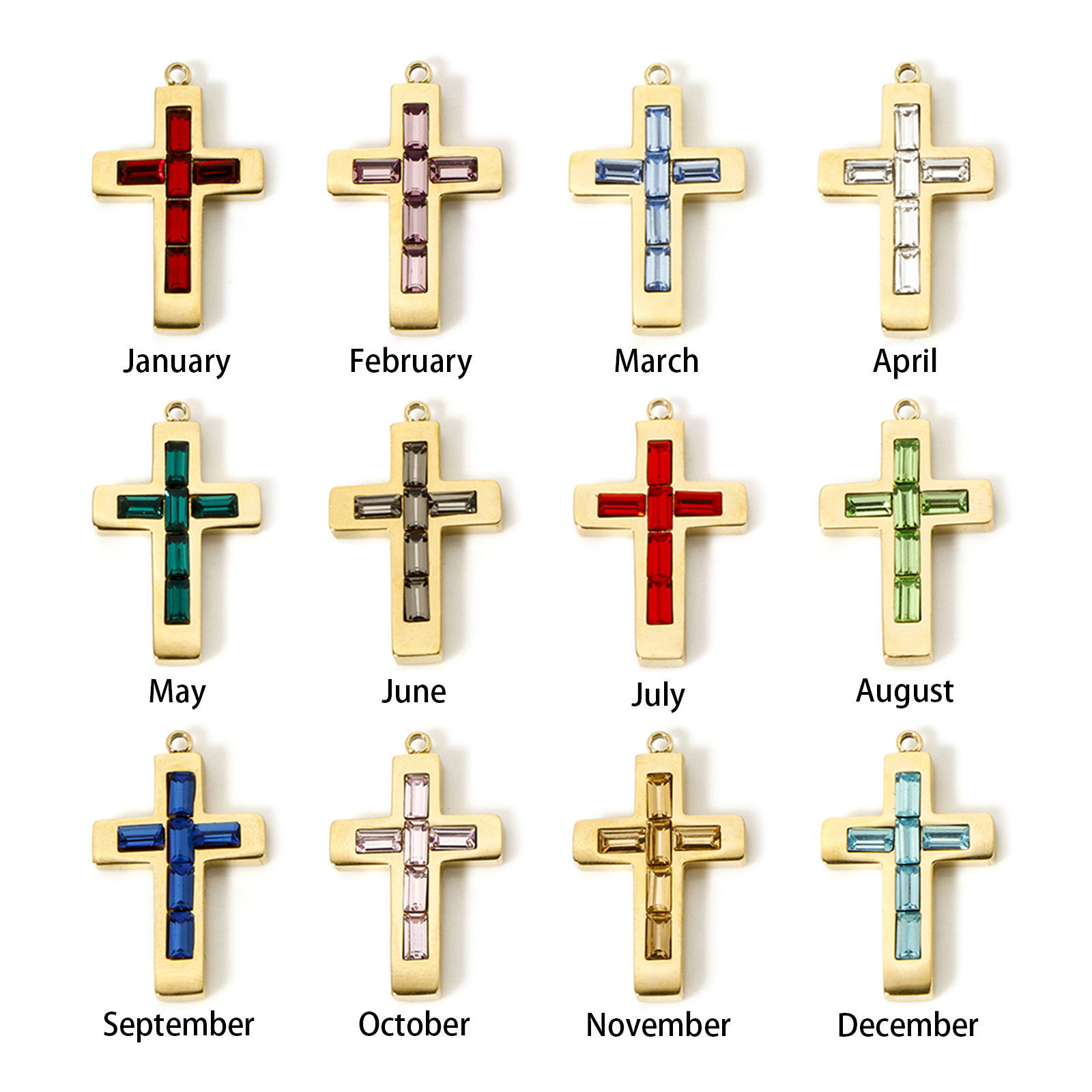Immagine di 1 Pz Placcatura Sottovuoto PVD Ecologica 304 Acciaio Inossidabile Pietre Nascita Ciondoli Croce 14K Vero Oro Placcato 25mm x 15mm