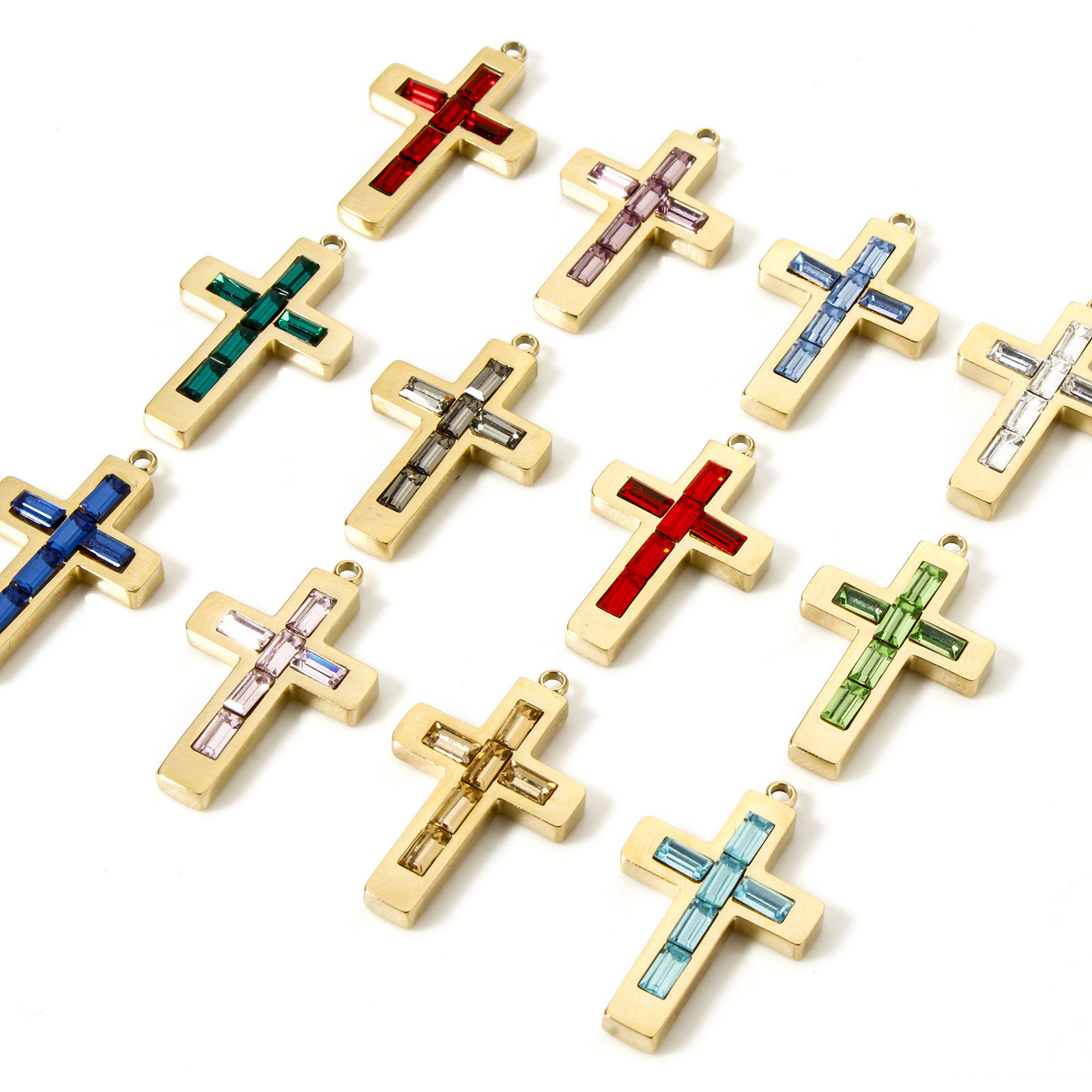 Immagine di 1 Pz Placcatura Sottovuoto PVD Ecologica 304 Acciaio Inossidabile Pietre Nascita Ciondoli Croce 14K Vero Oro Placcato 25mm x 15mm
