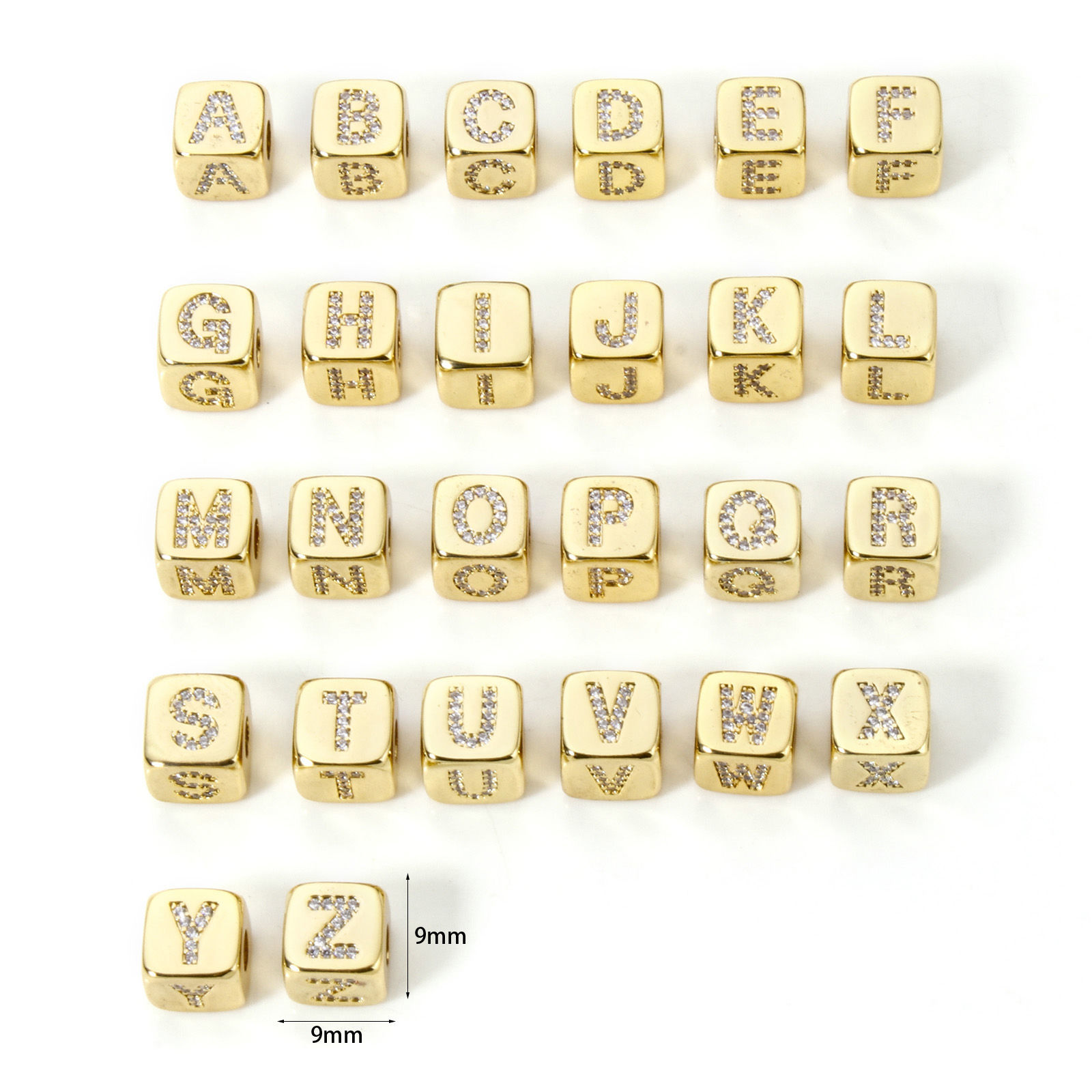 Immagine di 1 Pz Ecologico Ottone Perline per la Creazione di Gioielli con Fai-da-te 18K Vero Oro Placcato Cubo Lettera Maiuscola Micro Spianare Trasparente Cubic Zirconiae 9mm x 9mm, Buco: Circa 3.5mm